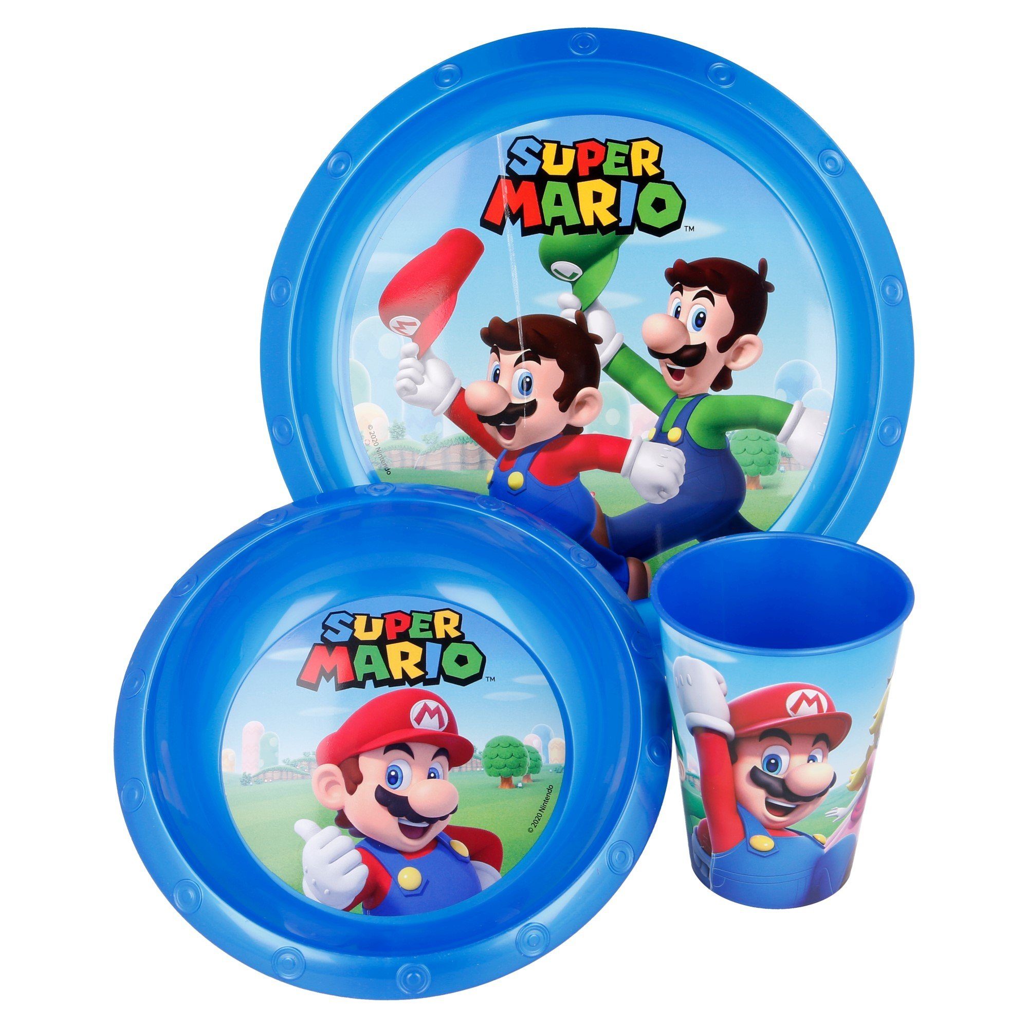 Super Mario Frühstücks-Geschirrset Super Mario, Geschirr-Set teilig Mario mit Luigi Schüssel Personen, Kinder Becher 3 (3-tlg), 1 Teller