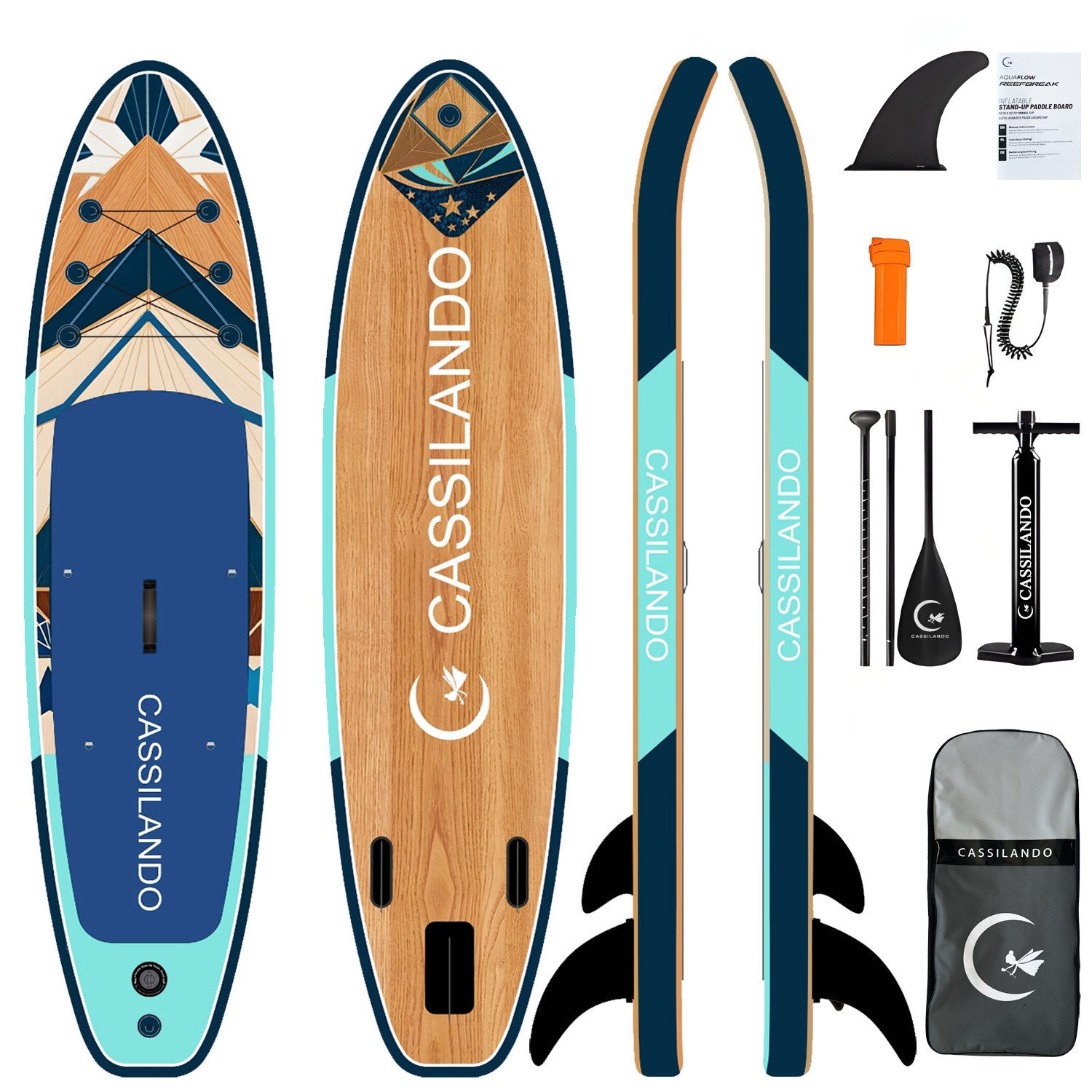 CASSILANDO SUP-Board Aufblasbares SUP-Board 335 x 84 cm mit 220 kg Belastbarkeit, (Hand pumpe, Verstellbares Paddel, Sicherheitsgurt, Reparatursatz, Rucksack), Pumpe