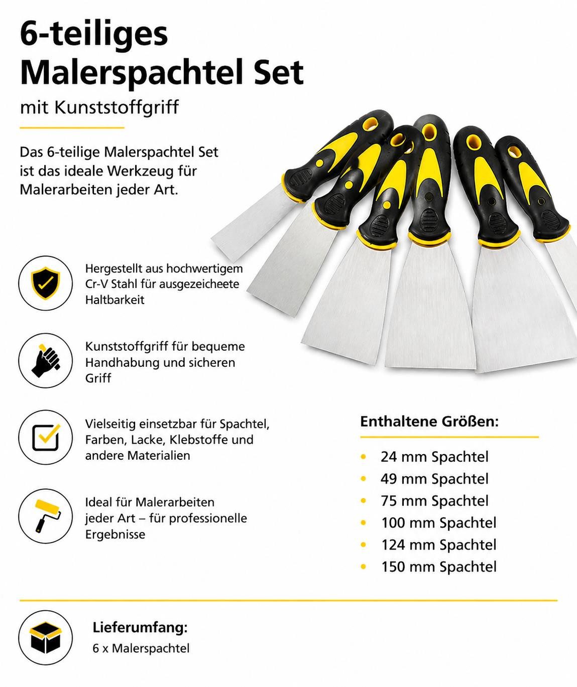 BAYLI Malerspachtel 6-teiliges Set Malerspachtel mit Kunststoffgriff, 6 Spachteln in versc