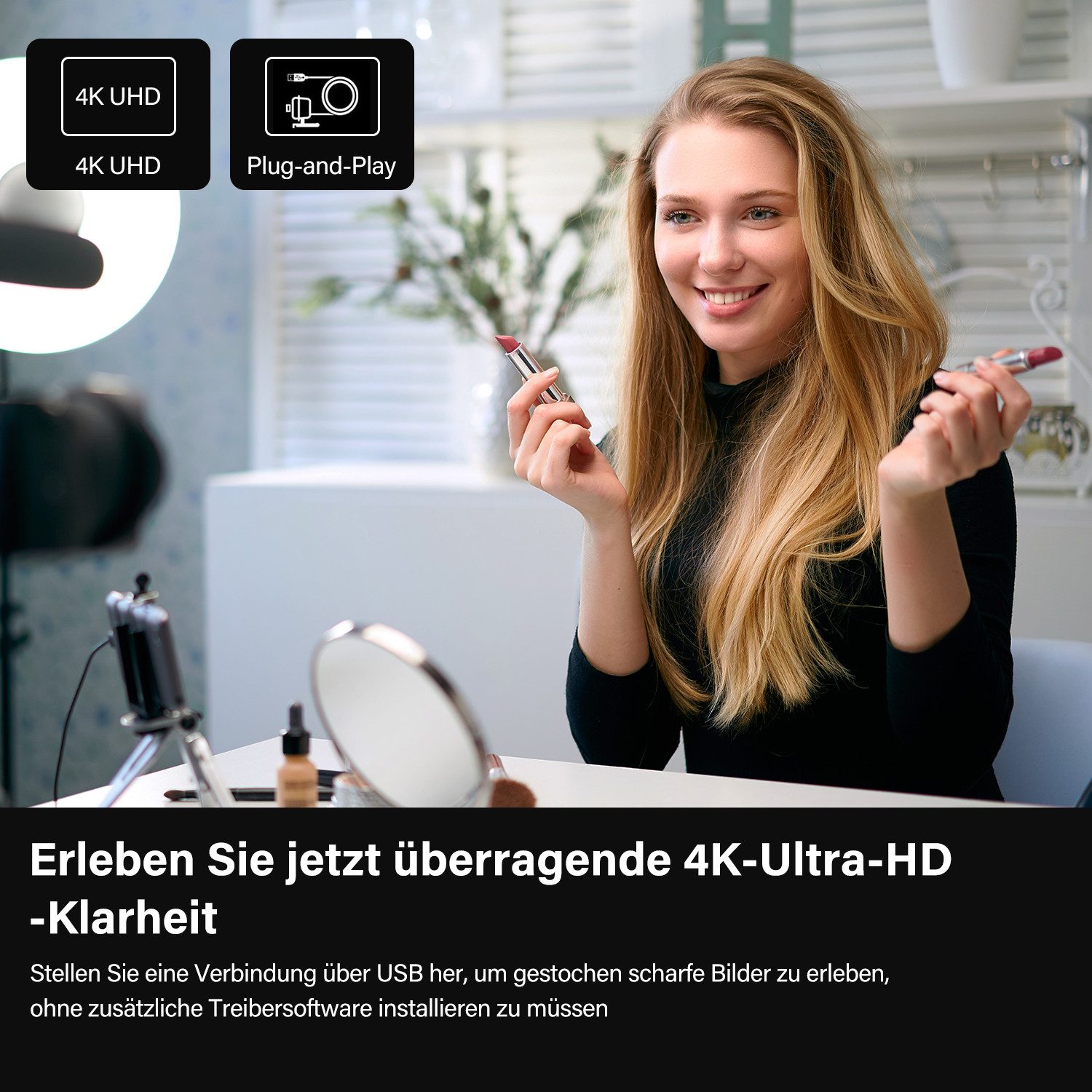 CkeyiN Pro 4K Webcam für PC Webcam (9x opt. Zoom, Mit Stativ, Externe Sichtschutzabdeckung, Kommt mit Fernbedienung)