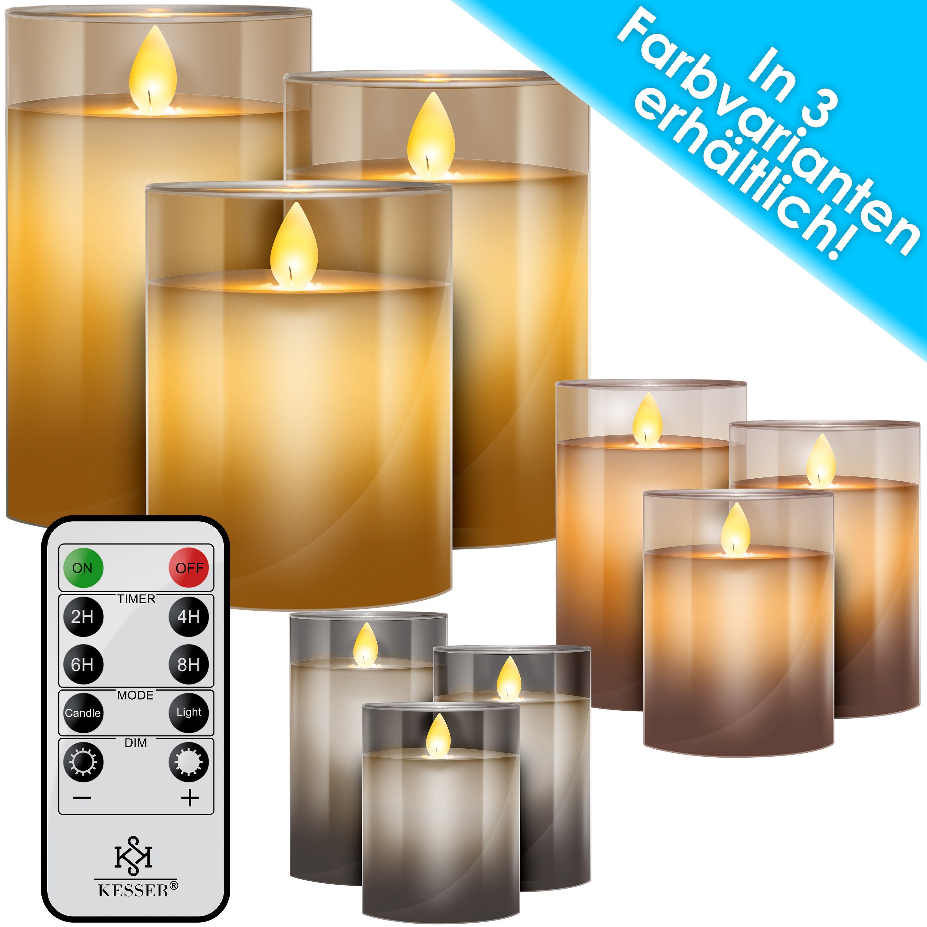 LED Transparent mit KESSER Flammenlose Timer Fernbedienung Kerze Set Kerzen LED-Kerze, 3er