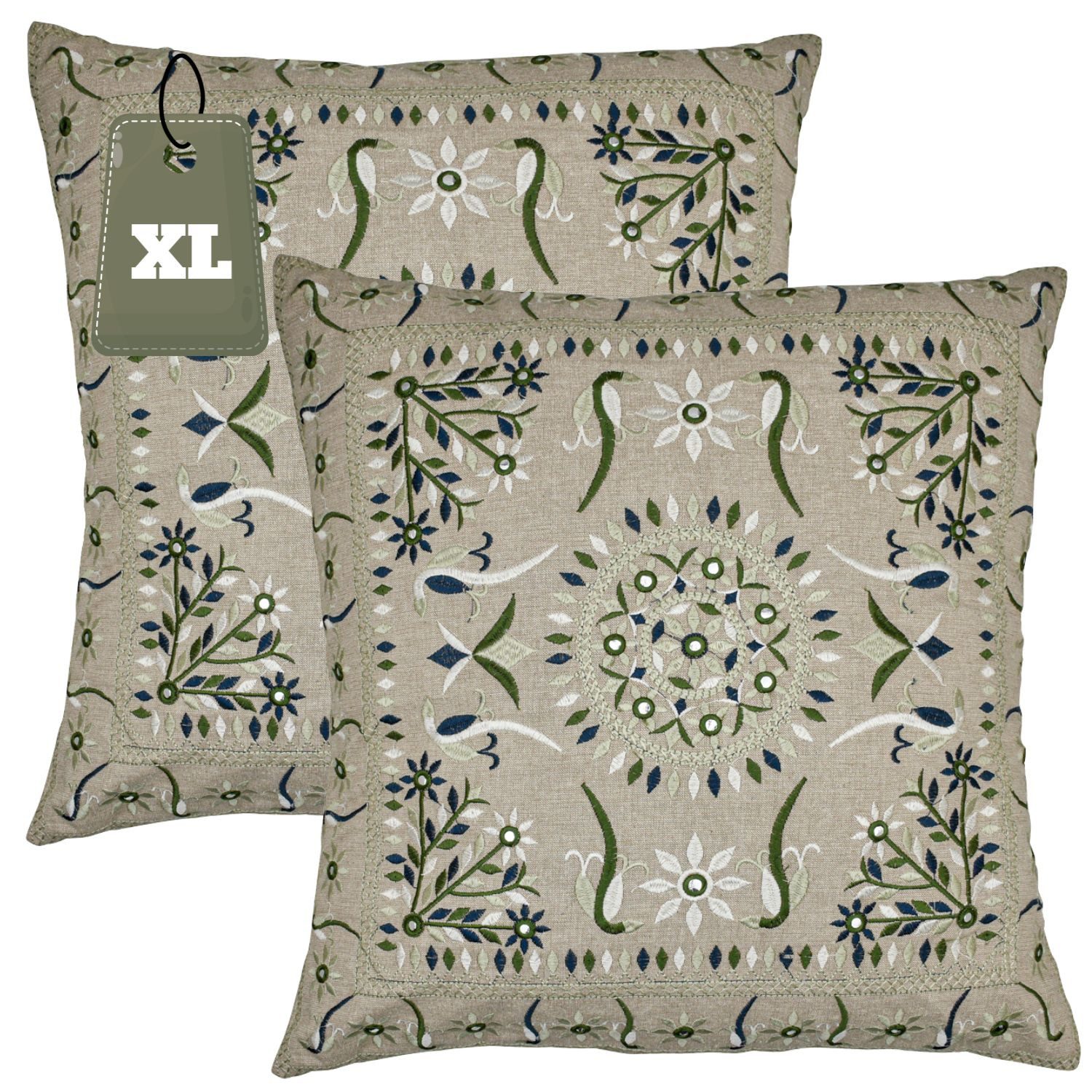 Marrakesch Orient & Mediterran Interior Zierkissen 2er Set Boho Kissenbezug Lodge orientalisch aus Baumwolle, Grün 50 cm, (2 St)