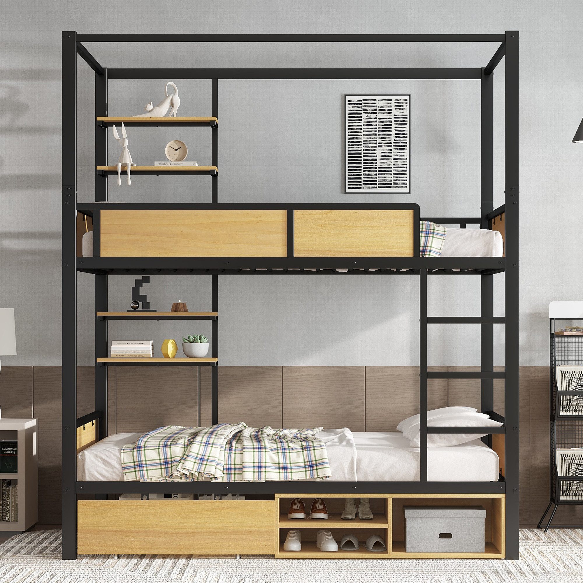 Flieks Etagenbett, Kinderbett Metallbett 90x200cm mit Ablageflächen und Sch günstig online kaufen