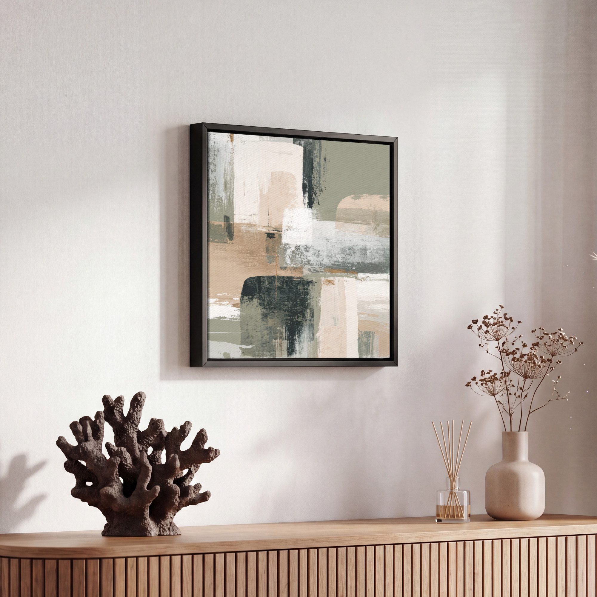 OneMillionCanvasses® Leinwandbild mit Rahmen - Pinselstriche - Abstrakt - Erdtöne, Fotodruck (1 St), Leinwand Bilder Klein, Wand Dekoration Aesthetic 20x20cm – Bild 5 von 5