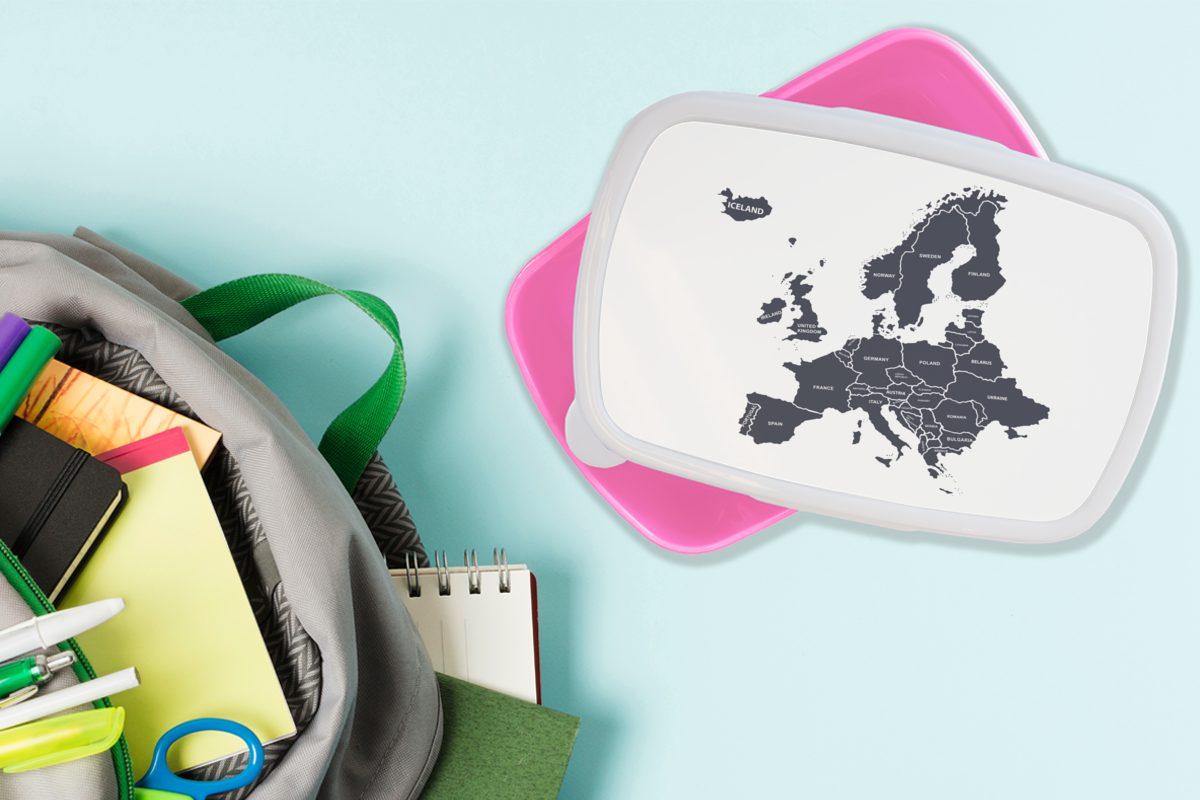 MuchoWow Lunchbox Karte Mädchen, Kunststoff - (2-tlg), Blau, Kinder, Brotbox - für Erwachsene, rosa Brotdose Kunststoff, Snackbox, Europa