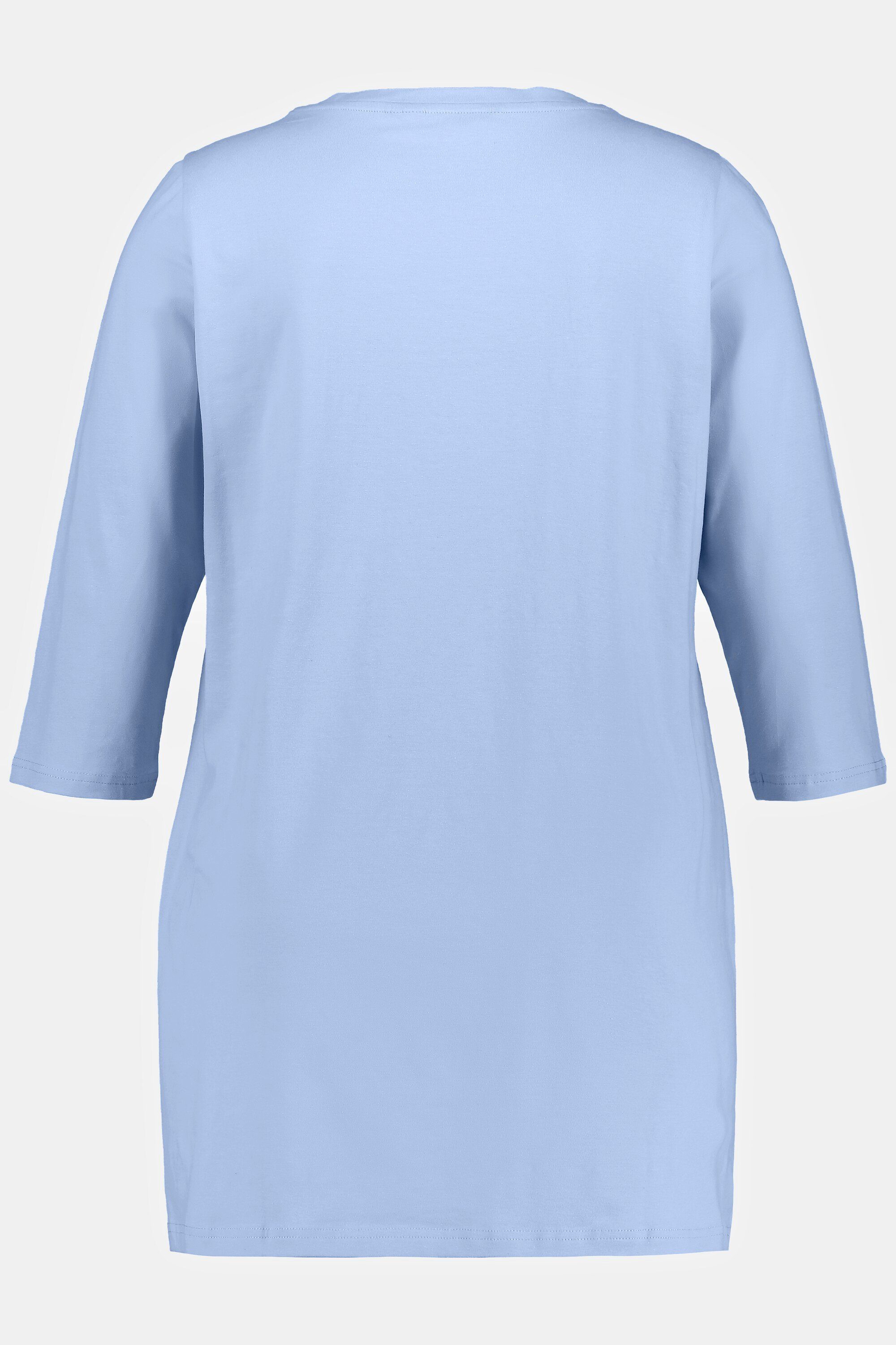 Popken Zierbänder V-Ausschnitt Rundhalsshirt Ulla 3/4-Arm Shirt Classic himmelblau