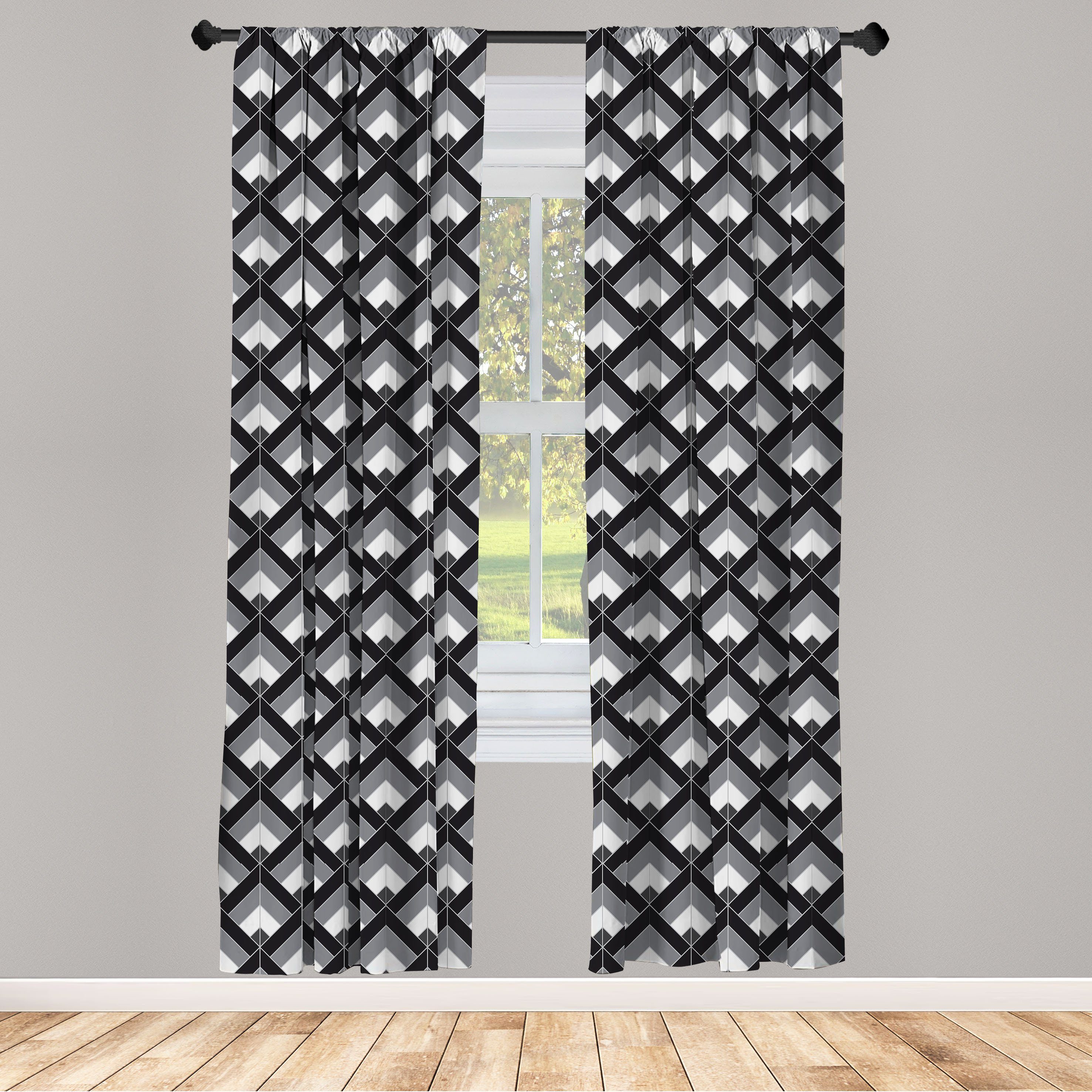 Gardine Vorhang für Wohnzimmer Schlafzimmer Dekor, Abakuhaus, Microfaser, Grau und Schwarz Boho Geometrische