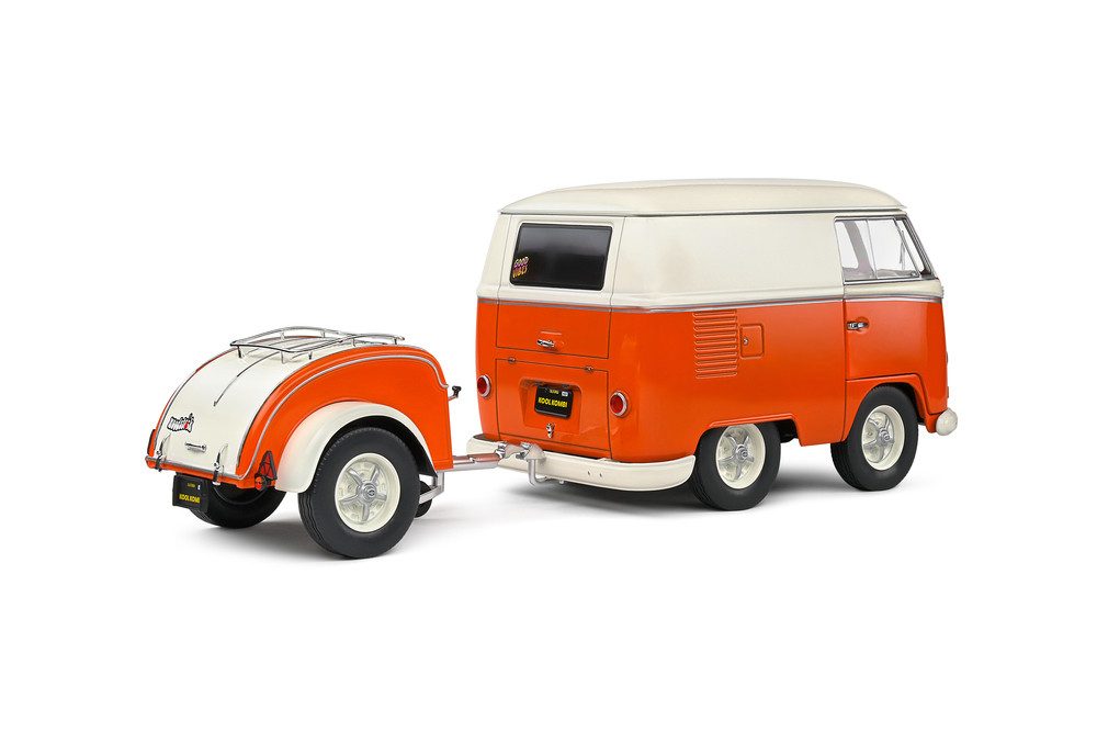 Solido Modellauto VW T1 Bus Kool Kombi orange weiß mit Anhänger, Maßstab 1:18