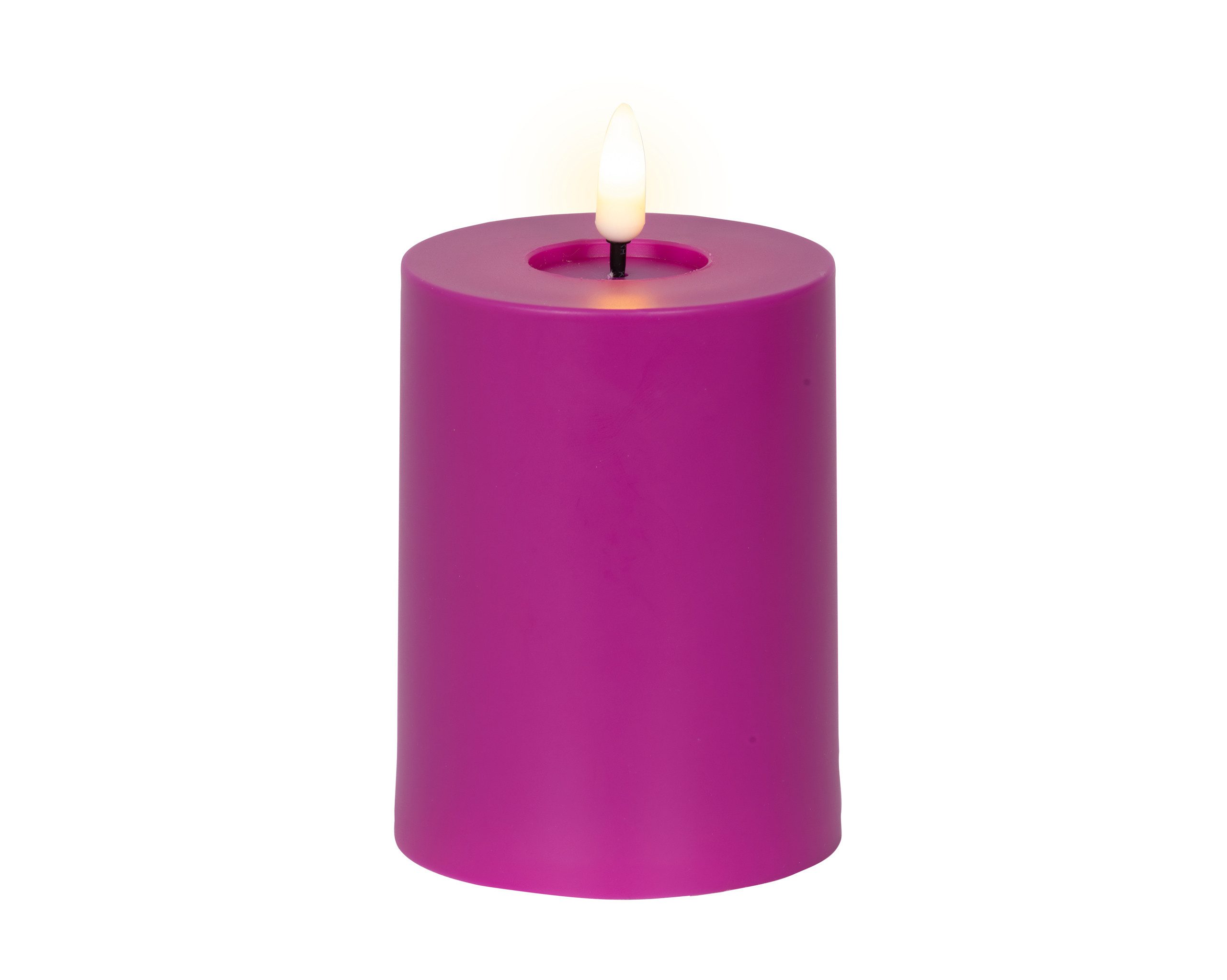 Lumineo LED-Kerze, LED Kerze 7,5x12cm mit Timer Outdoor Kunststoff Lila / Warmweiß