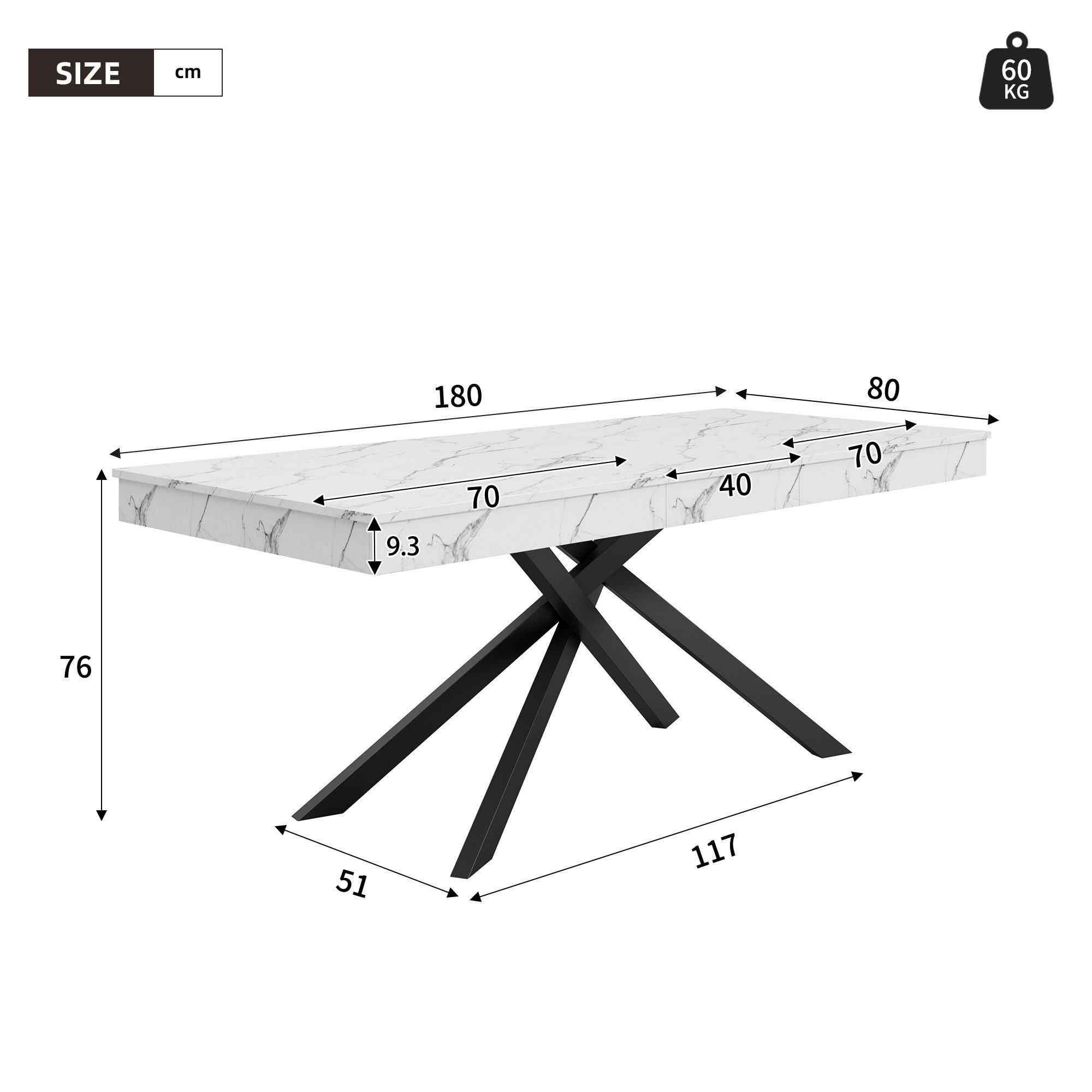 Flieks Esstisch ausziehbarer Küchentisch (1-St., Tischplattelänge 140-180cm, dicke Tischplattenhöhe 9,3 cm), erweiterbarer Tisch rechteckig Schreibtisch Bürotis – Bild 4 von 5