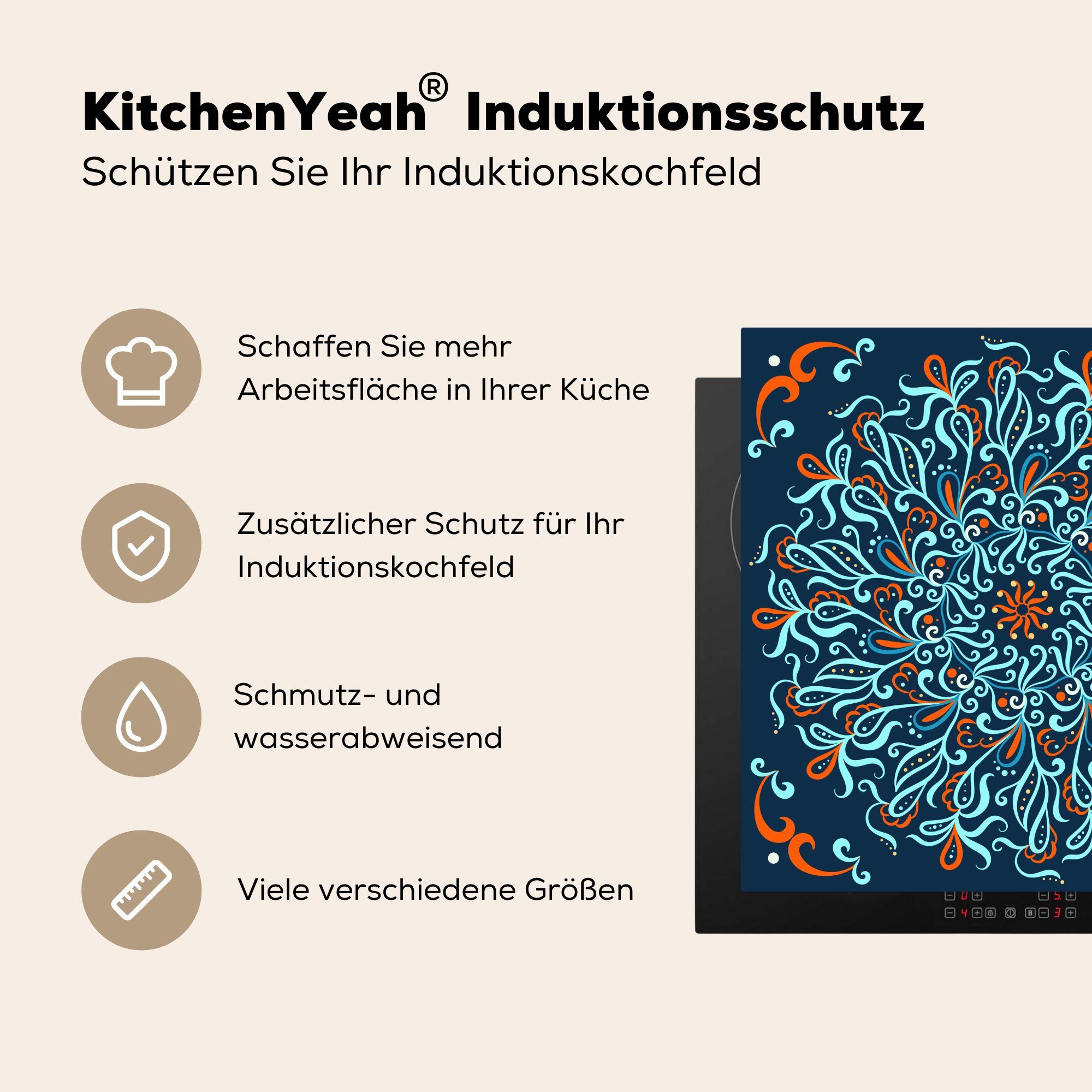 - Arbeitsplatte Ceranfeldabdeckung, küche Muster, Herdblende-/Abdeckplatte für (1 Blau - 78x78 cm, MuchoWow Vinyl, Mandala tlg),