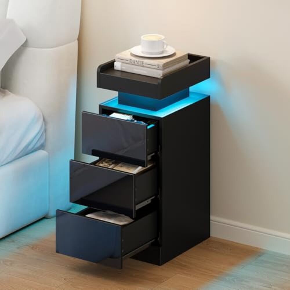 Dripex Nachttisch Nachttisch schmal 3 Schubladen, RGB LED, Beistelltisch Schwarz (1-St), Aus hochwertigen Spanplatten und MDF-Platten gefertigt