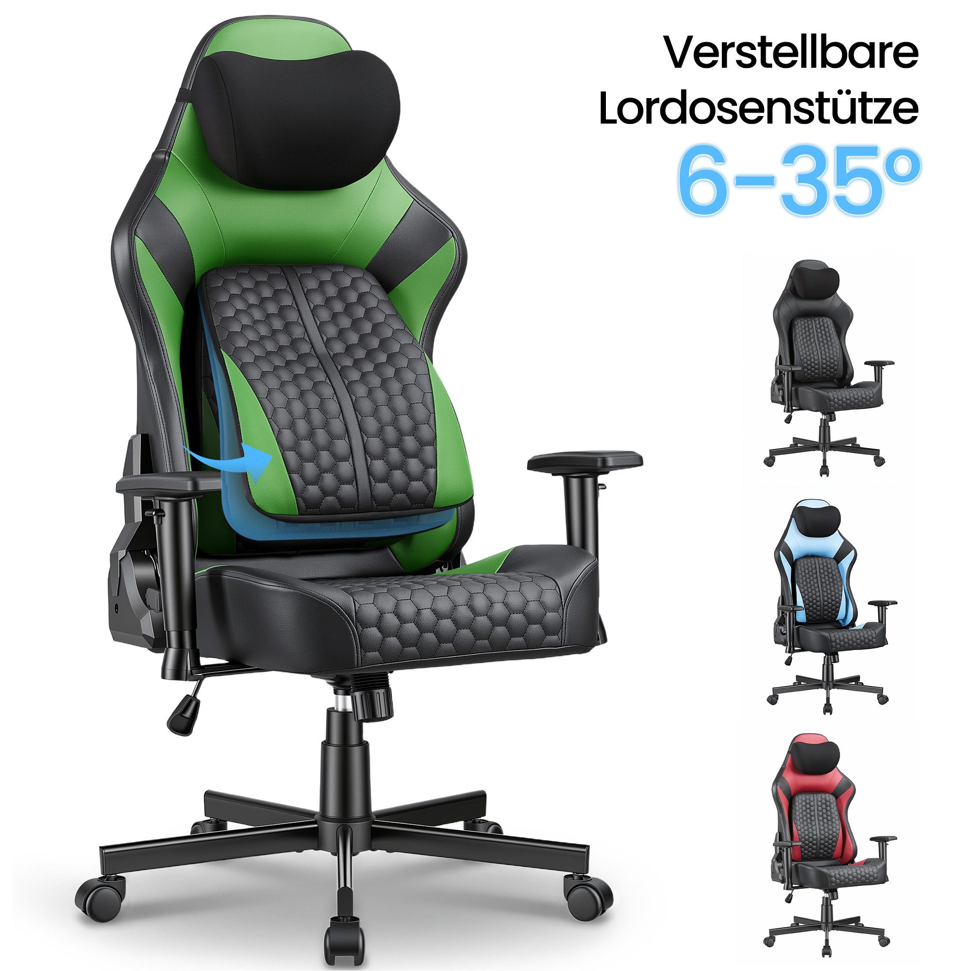 HOMALL Gaming-Stuhl gaming stuhl,mit verstellbarer Lendenstütze 6°-35°, 2D-Armlehnen,Rückenlehne 90°-135° verstellbar,150kg Belastbarkeit