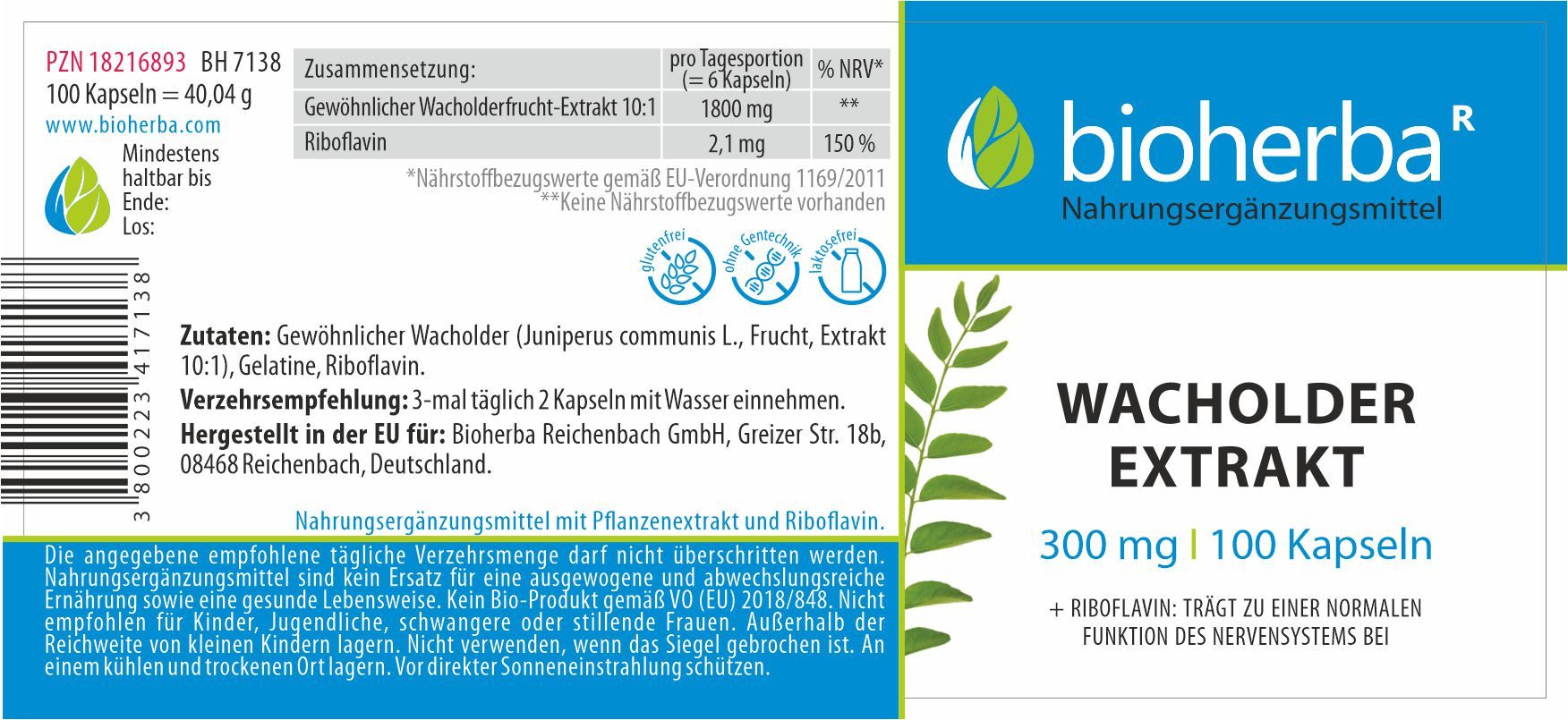 BIOHERBA R Bioherba Wacholder Extrakt 300 mg 100 Kapseln Nahrungsergänzungsmittel, 1 er