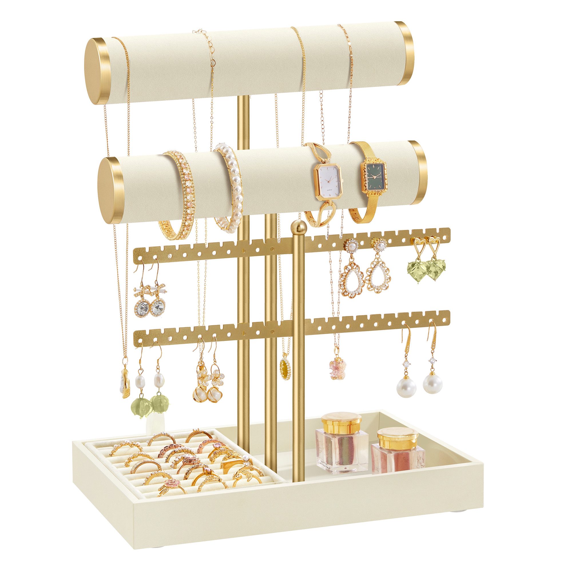 SONGMICS Schmuckständer Schmuckständer, 2 Armbandhalter, Ohrringhalterung, Schmuck-Organizer, mit Tablett aus Samt, abnehmbarer Ringhalter