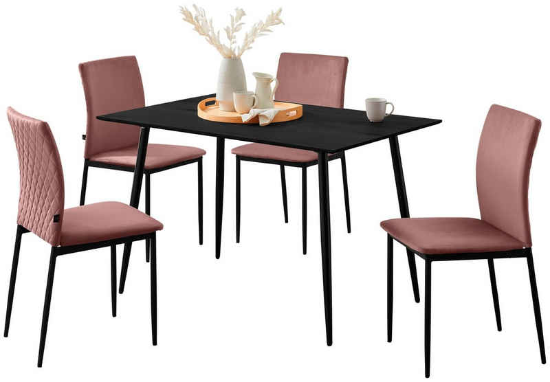 Leonique Essgruppe Pavia + Eadwine, (Spar-Set, 5-tlg., Tisch mit 4 Stühlen), mit rundem Esstisch, Esszimmerstühle mit Kunstleder oder Samtstoff