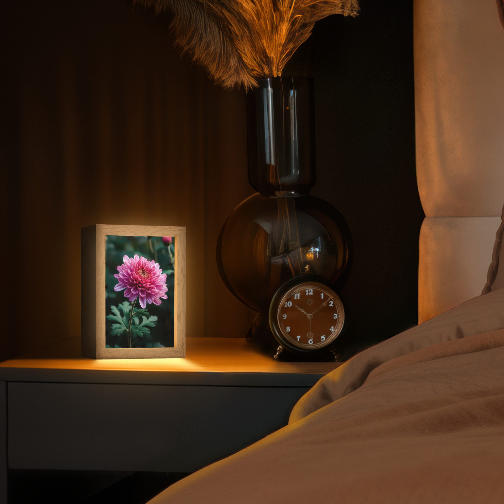 OnlyWow Tischleuchte Lightbox Blatt - Chrysantheme - Rosa - Schatten, Dimmbar, Farbwechsel, LED, Warmweiß, Kaltweiß, Neutralweiß Einstellbar, Tischlampe, Schreibtischlampe, Desk, Dimmbar, mit Kabel, LED