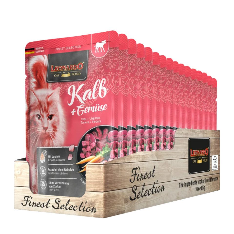 Leonardo Catfood Kalb & Gemüse - getreidefreies Nassfutter mit magerem Kalb 16x85g, Nassfutter für: Katzen