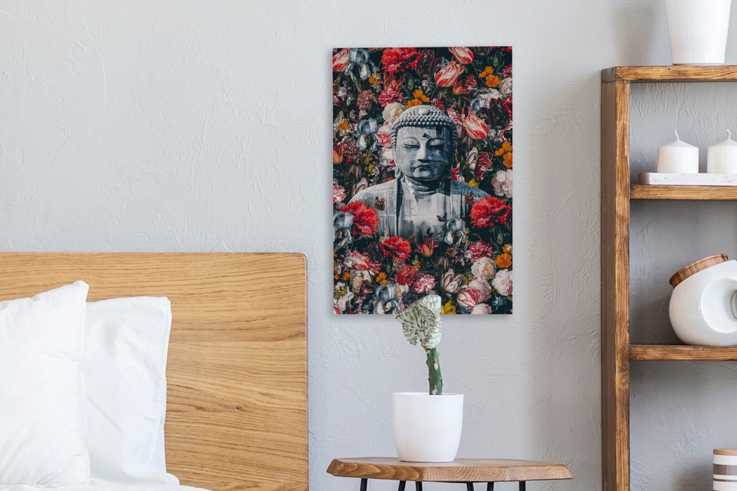 Leinwandbild Bild Gemälde, Zackenaufhänger, 20x30 OneMillionCanvasses® (1 cm Blumen, Buddha fertig - Leinwandbild - inkl. bespannt St),