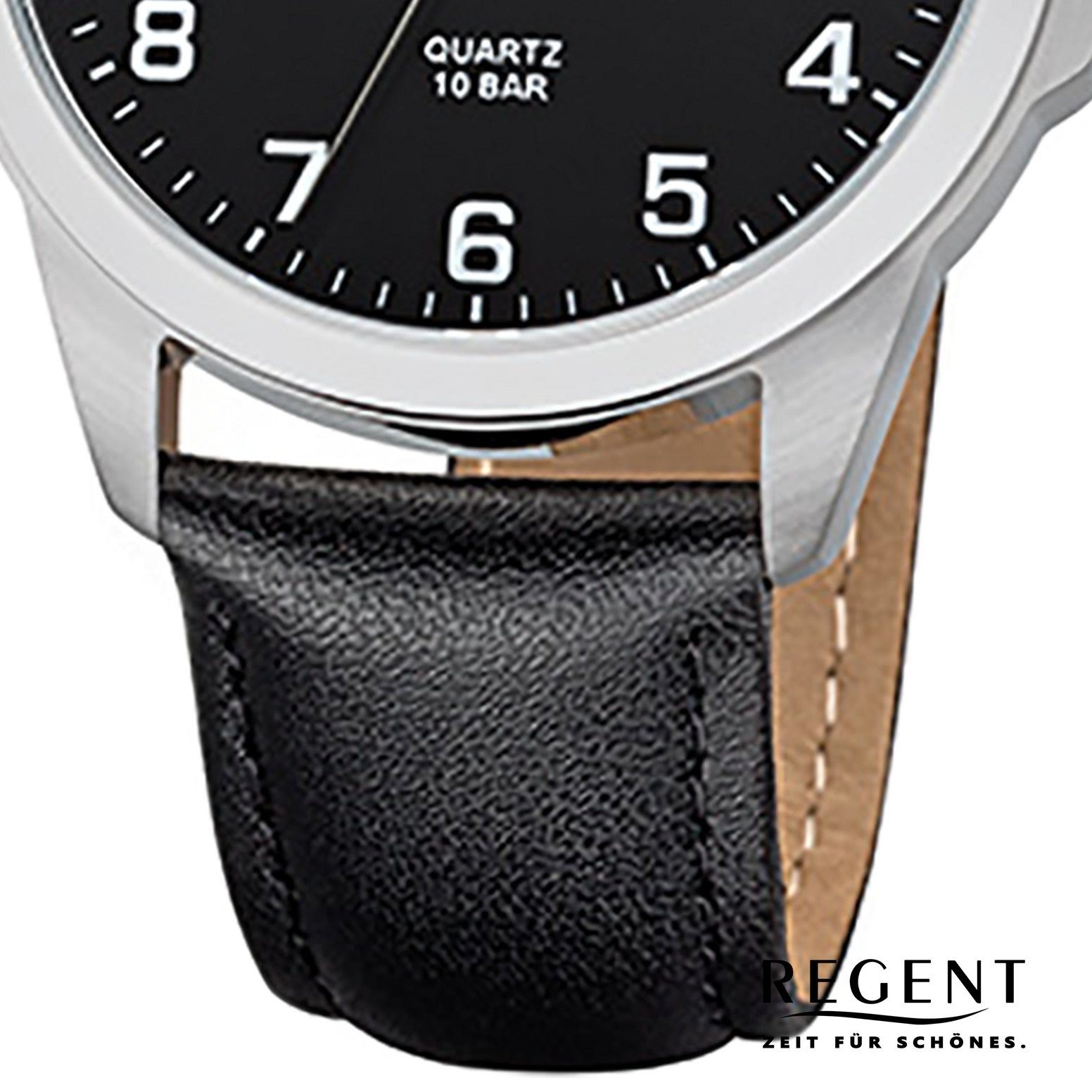 Quarzuhr schwarz mittel Regent 39mm), Herren-Armbanduhr rund, (ca. Herren Regent Analog, Lederarmband Armbanduhr