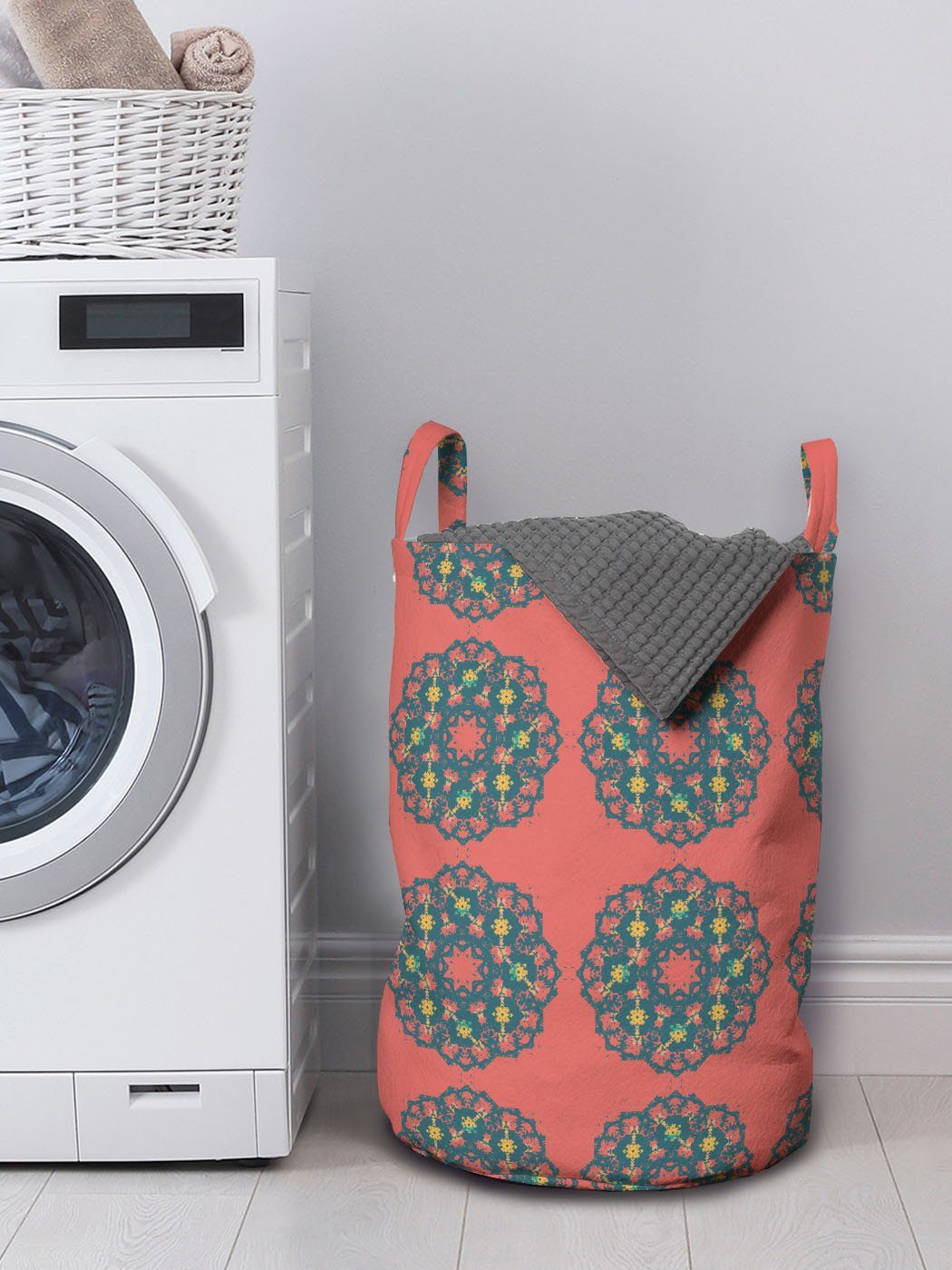 Waschsalons, Wäschesäckchen Wäschekorb mit für Geometrisch Abakuhaus Griffen Kordelzugverschluss Blumenbild