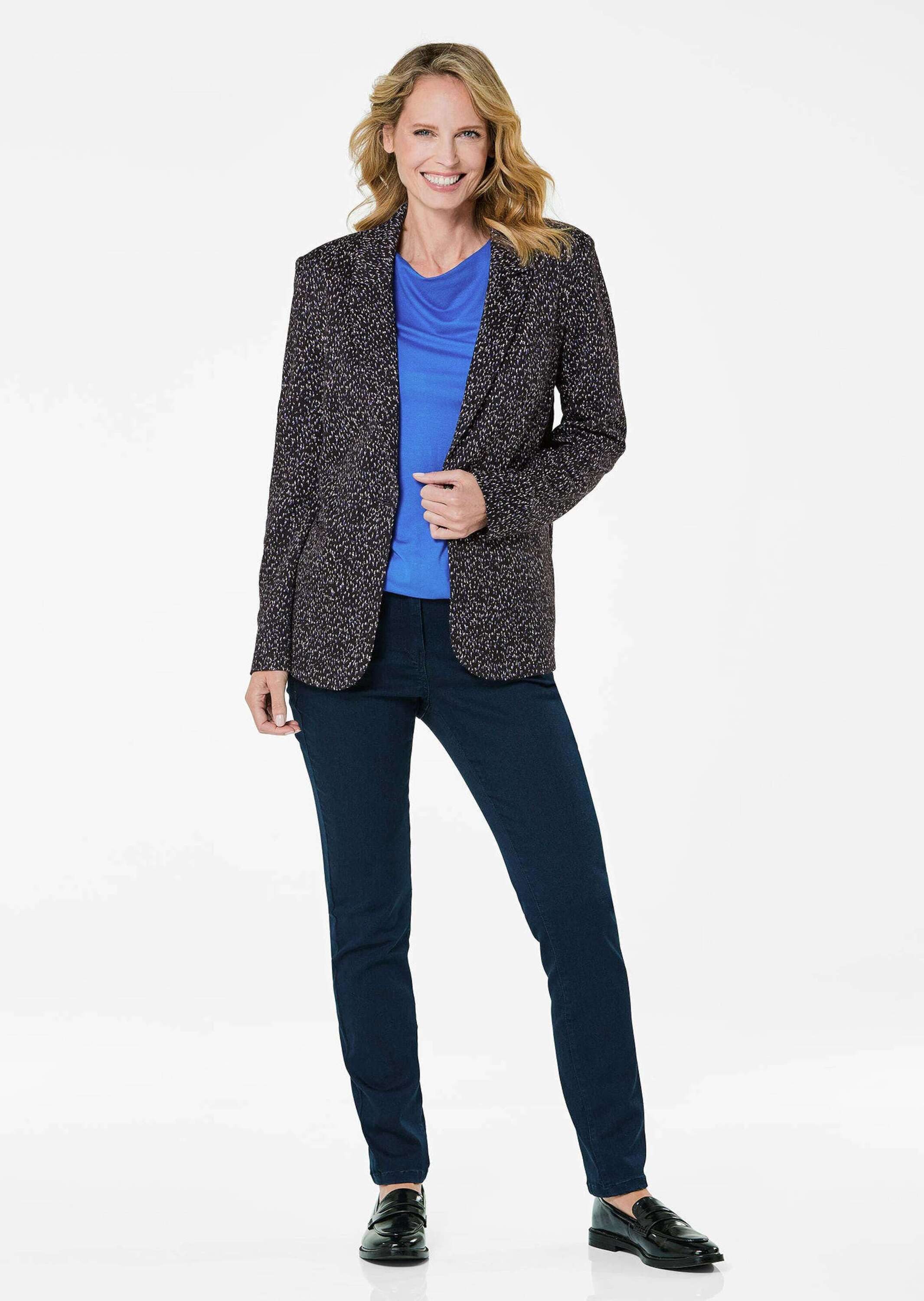 GOLDNER Jerseyblazer Kurzgröße: Hüftlanger Businessblazer, Multicolor Viskoseblazer mit Knopfverschluss, Teilungsnähte, Leistentaschen
