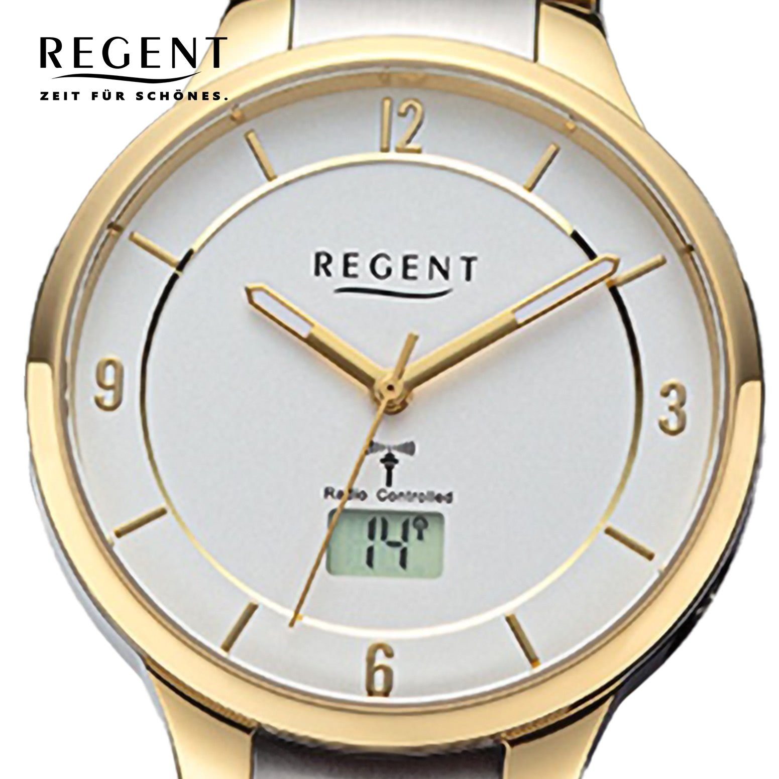 Regent Funkuhr Regent Damen Funkuhr Analog-Digital, (Funkuhr), Damen Funkuhr rund, extra groß (ca. 30mm), Metallarmband