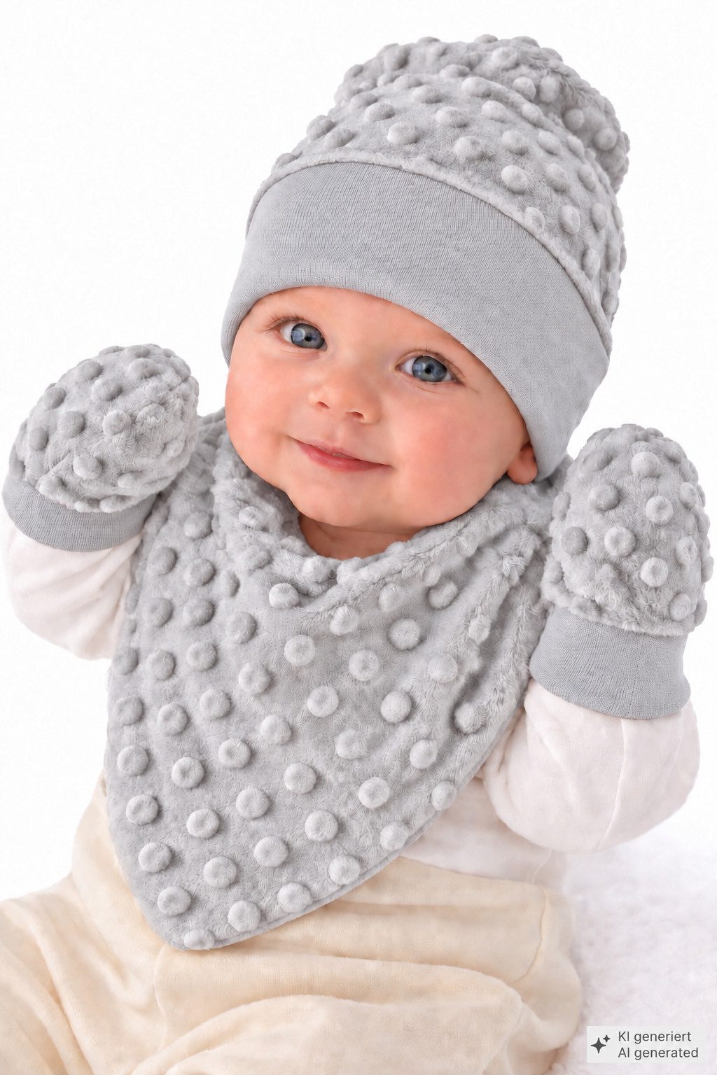 La Bortini Mütze & Schal Mütze Lätzchen Fäustlinge Set in beige creme weiß (für Neugeborene Jungen und Mädchen, 3-teilig, Latz, Handschuhe, Mützchen) weich, doppellagig