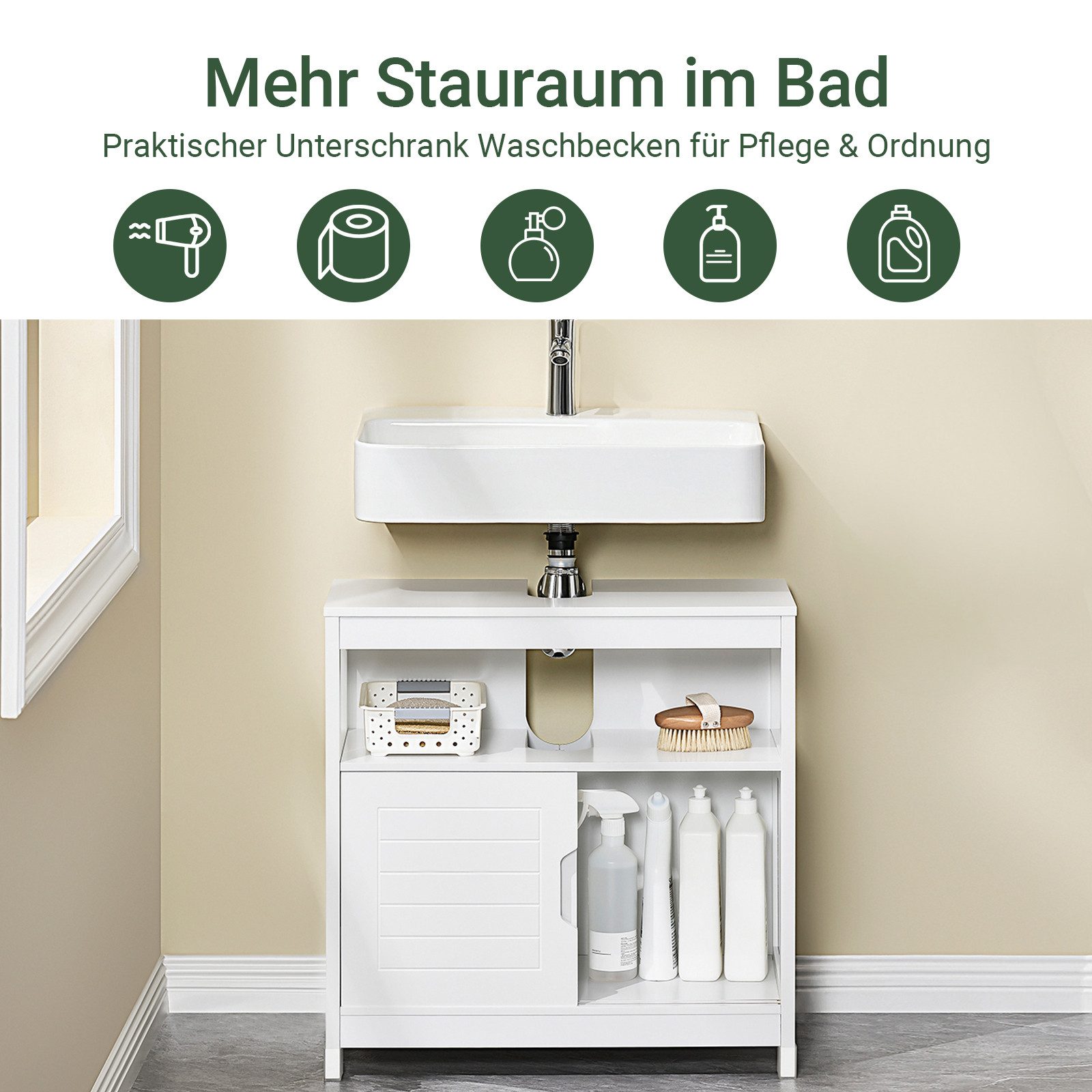 SoBuy Waschbeckenunterschrank FRG128, Badezimmerschrank Waschtischunterschrank Unterschrank Badschrank mit 2 Türen, Waschbecken-Kommode, Badmöbel freistehend