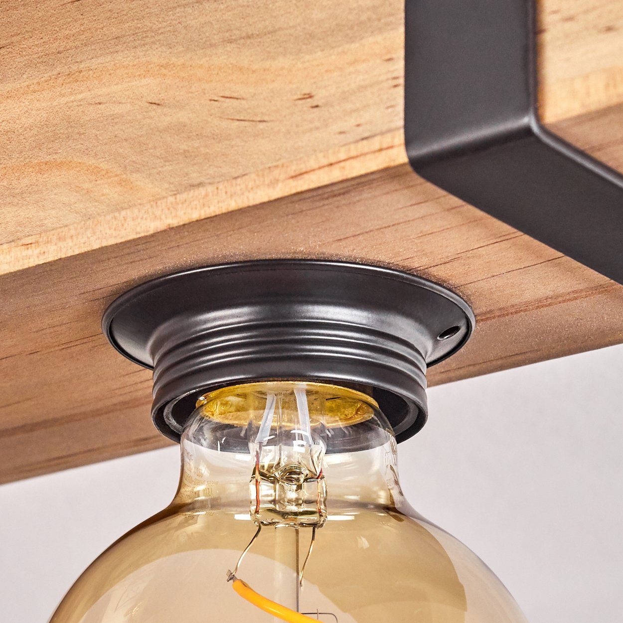 hofstein Deckenleuchte moderne Deckenlampe aus Metall/Holz in Schwarz/Natur, ohne Leuchtmittel, im Industrial-Style, Holzbalken, 4x E27. ohne Leuchtmittel