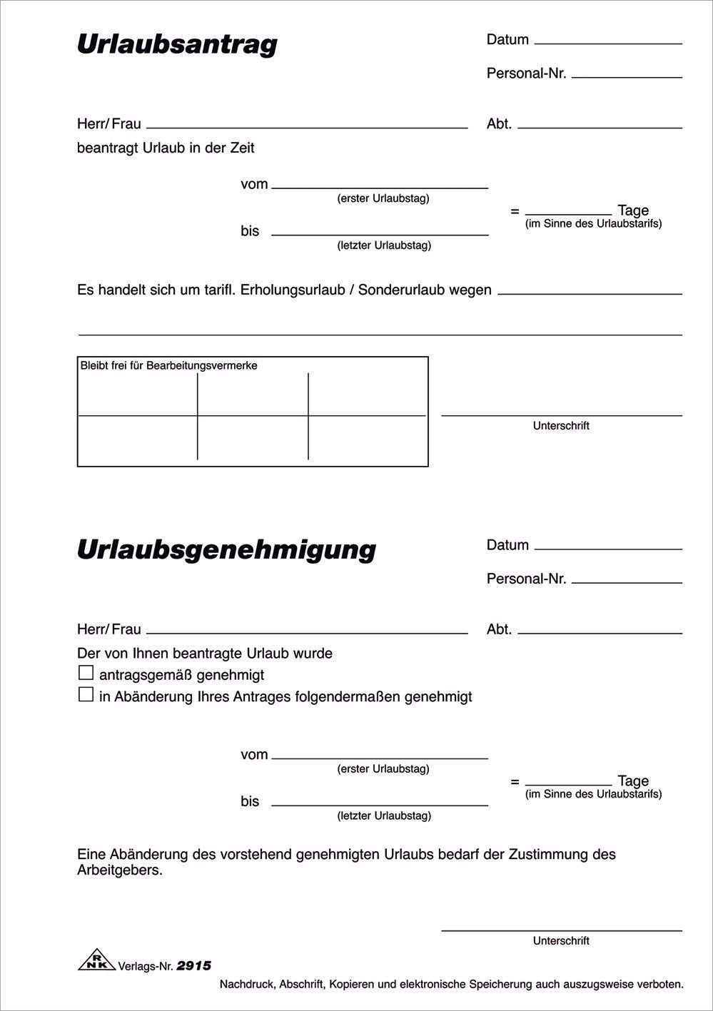 RNK Verlag Fotoalbum RNK Verlag Vordruck "Urlaubsantrag", Block, DIN A5