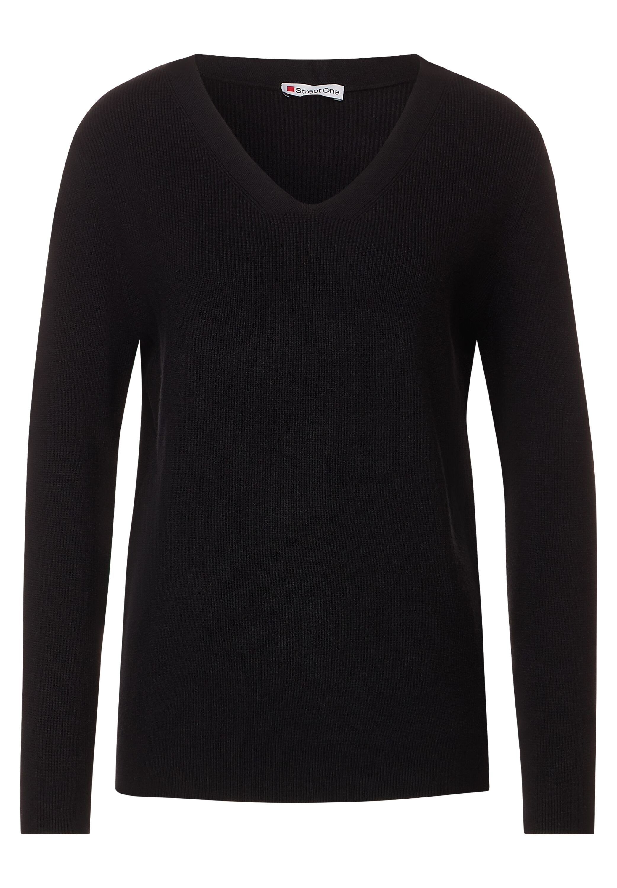 Black ONE STREET V-Ausschnitt-Pullover Unifarbe in