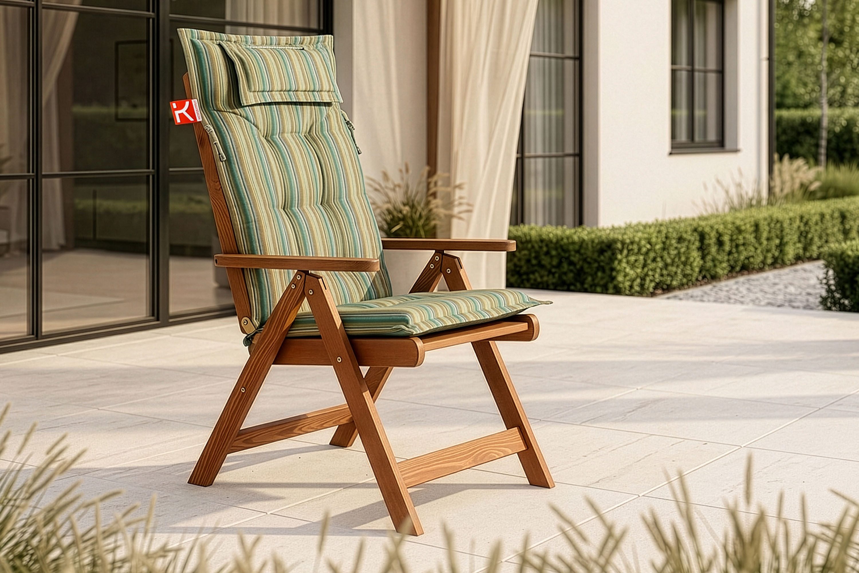 KONSIMO® Gartenstuhl ALCES Gartenstuhl, hochverstellbarer Klappstuhl, FSC-zertifiziert (1x Gartenstuhl mit Stuhlauflagen), hergestellt in der EU,massives Kiefernholz,handgefertigt