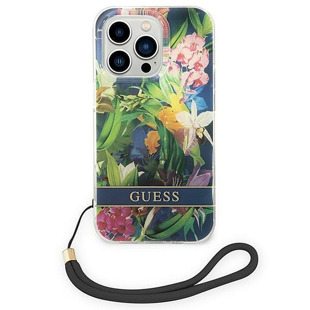 Guess Handyhülle Schutzhülle Blumenmotiv Trageschlaufe 6,1 Zoll, Blumenmotiv, Trageschlaufe, goldfarbenes Logo