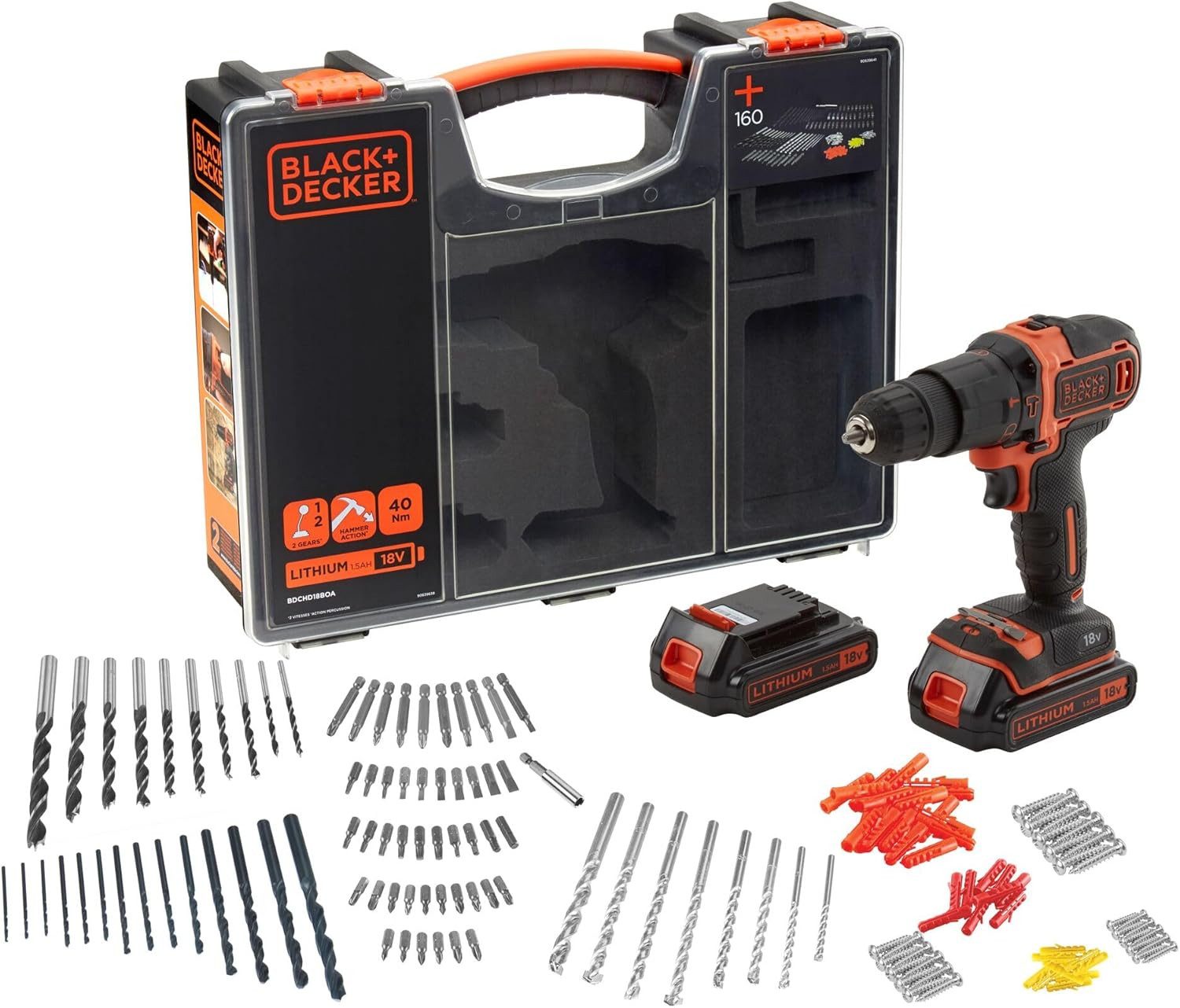 Black + Decker Akku-Schlagbohrschrauber Akku-Schlagbohrschrauber 160tlg. Zubehör 18V 1,5Ah, (1-tlg)