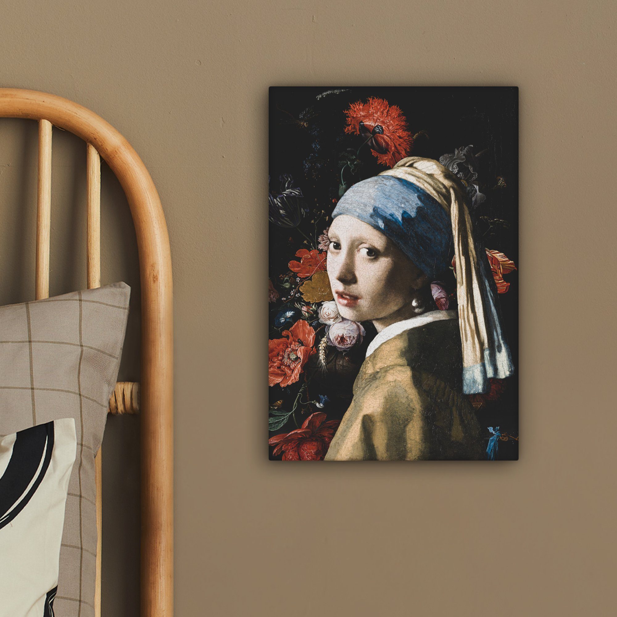 mit - - Vermeer Rot, Leinwandbild 20x30 Perlenohrring Gemälde fertig inkl. cm St), OneMillionCanvasses® Blumen Gemälde, Johannes (1 Mädchen - Zackenaufhänger, bespannt