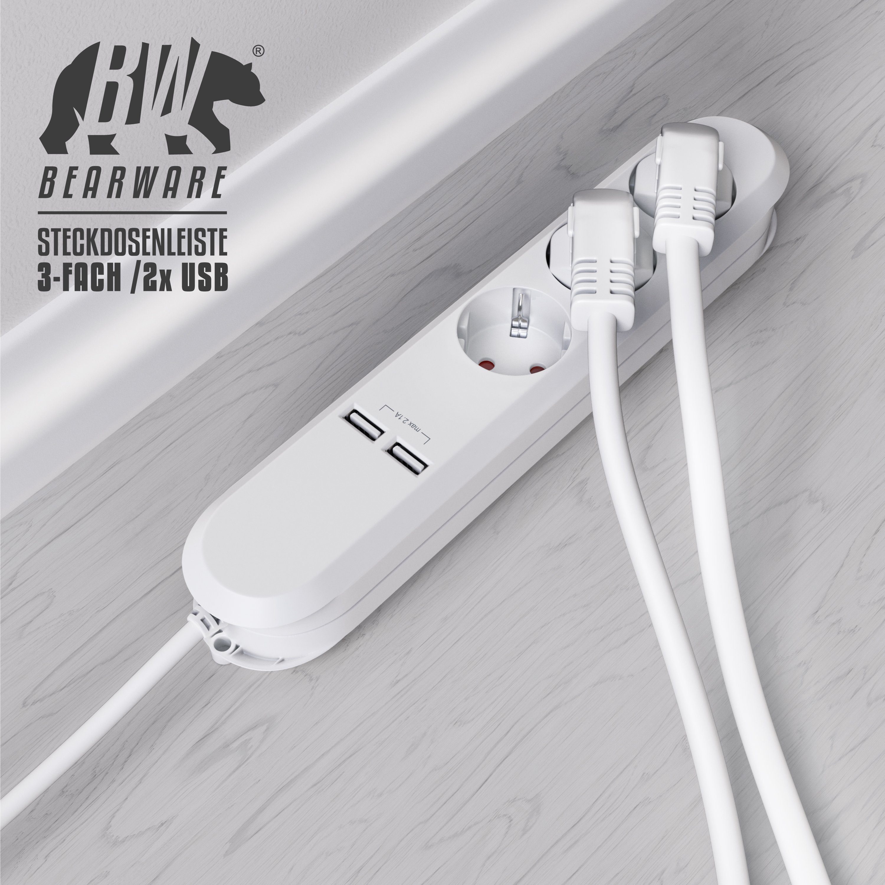 BEARWARE 3 Fach Steckerleiste mit 2X USB Ladeports, 1,5m Anschlusskabel, weiß Steckdosenleiste 3-fach (USB-Anschluss, Schutzkontaktstecker, Kindersicherung, Kab – Bild 5 von 5
