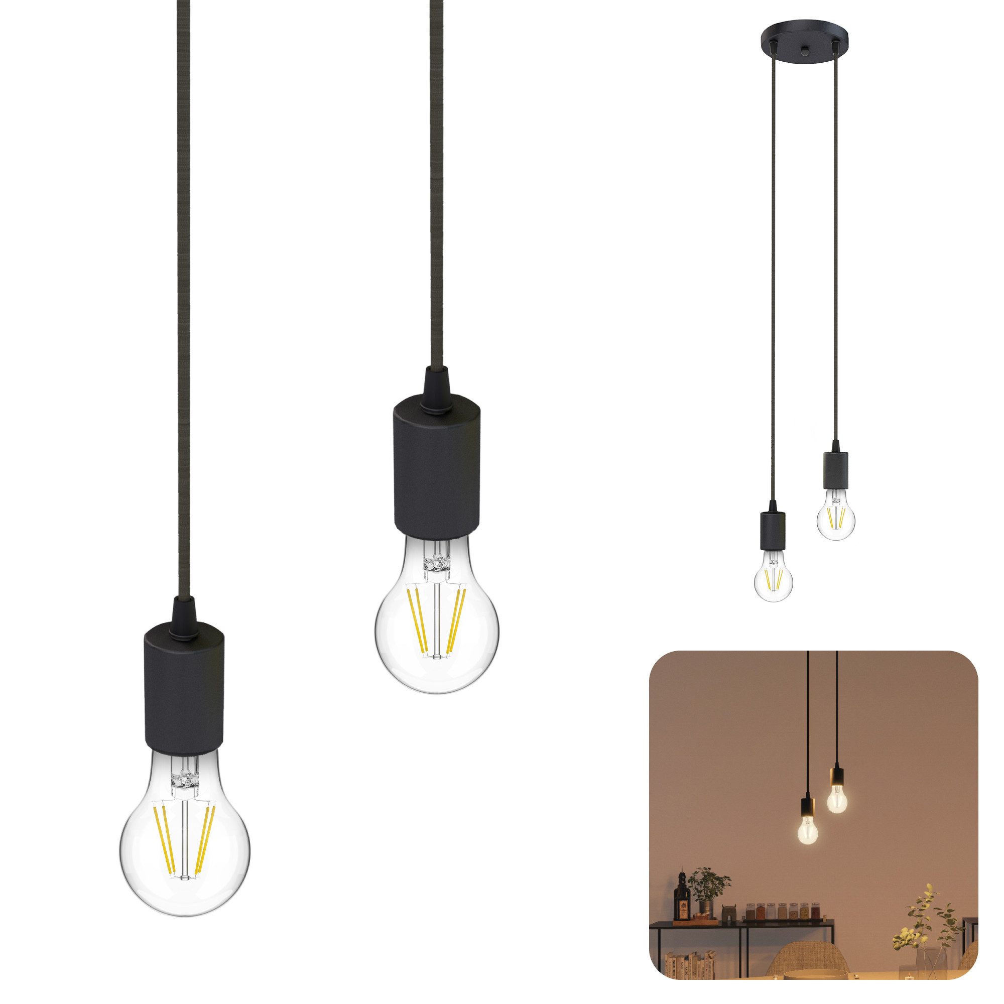 SSC-LUXon LED-Hängeleuchte PARU Hängeleuchte 2 flammig schwarz rund LED Glühbirnen E27 warmweiß, Warmweiß