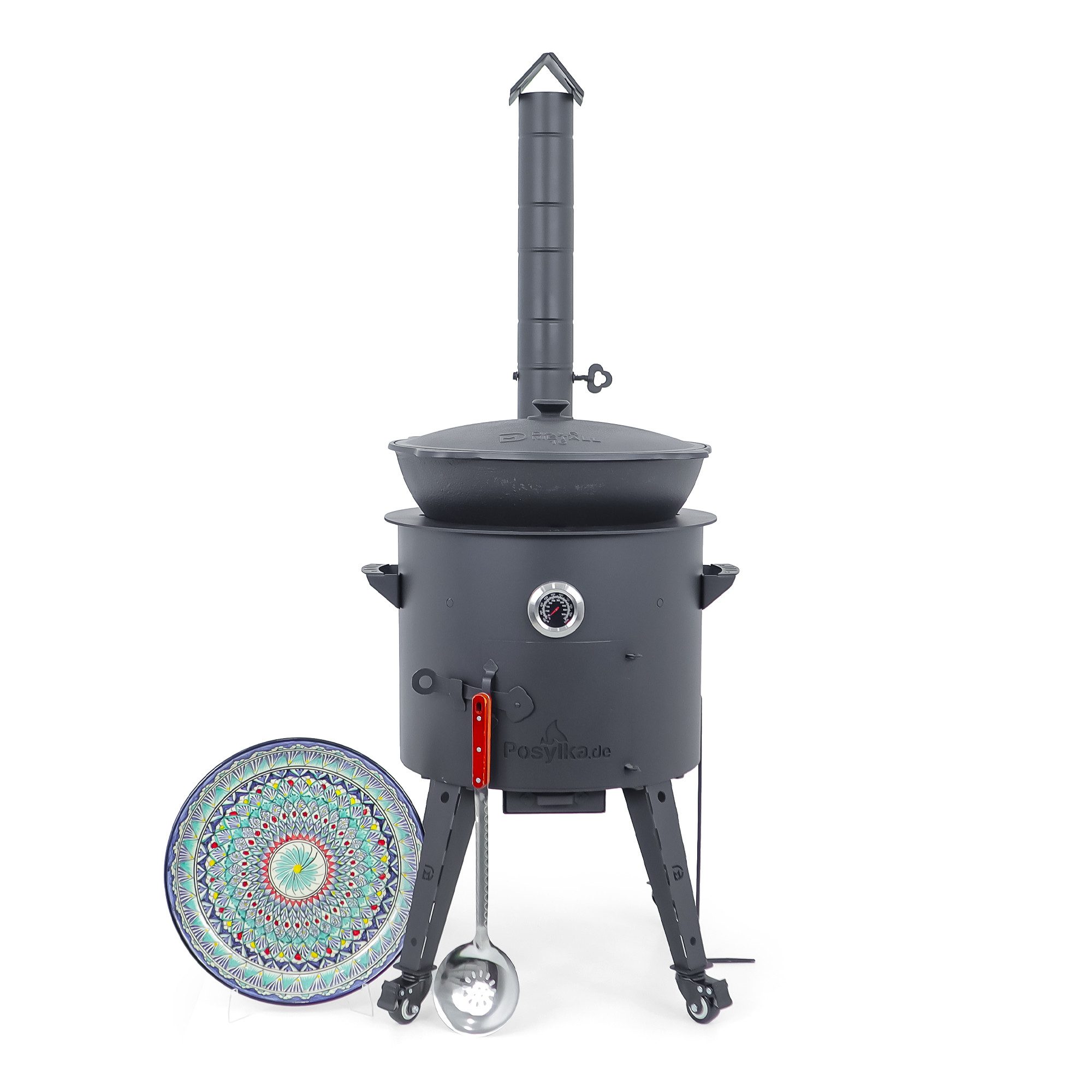Posylka.de Feuerstelle Feuerofen Ø 44 cm Kasan 16 L flach Kochringe Lagan Schaumlöffel, (11-St)