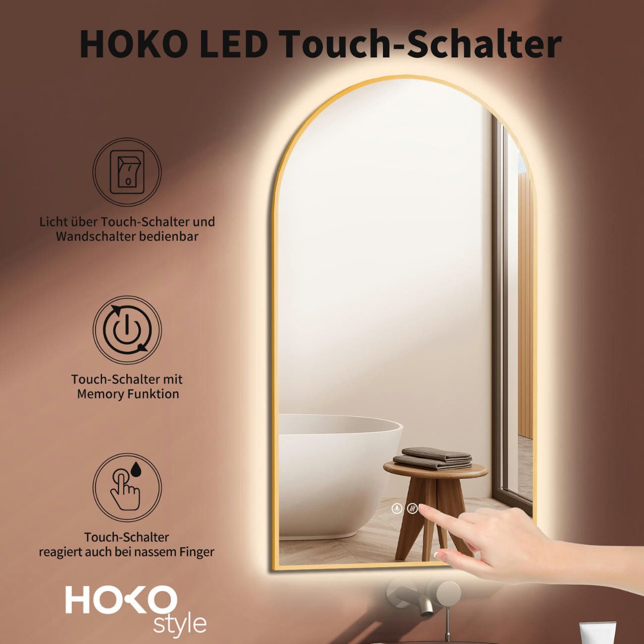 HOKO Badspiegel mit beleuchtung+Antibeschlag, Spiegel Gold / Schwarz mit Licht (50x90 / 60x100 cm, HOCH+QUER Montage. Badezimmerspiegel+Warmweiß-Kaltweiß-Neutral)