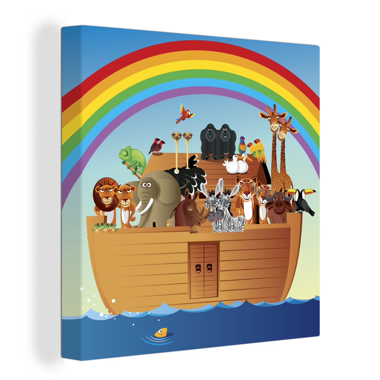 OneMillionCanvasses® Leinwandbild Eine Illustration von Noahs Arche unter dem Regenbogen, (1 St), Leinwand Bilder für Wohnzimmer Schlafzimmer