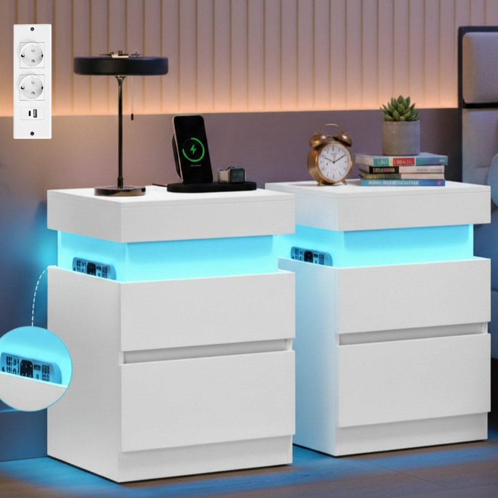 VASAGLE Nachttisch, Beistelltisch mit Ladestation, Nachttisch mit Beleuchtung, Steckdosen
