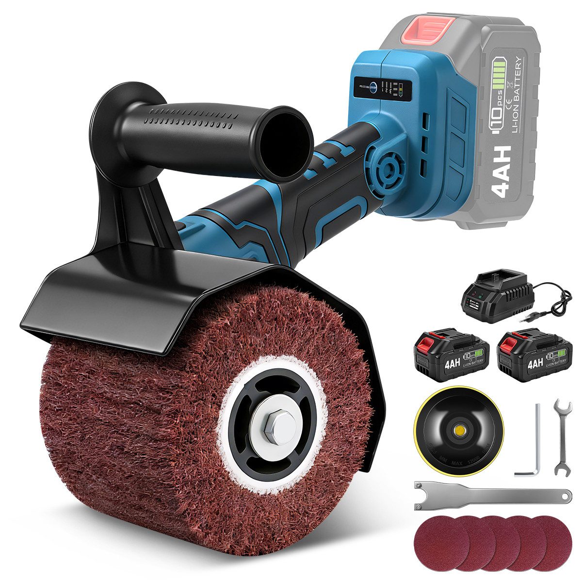 XERSEK Akku-Multischleifer 1200W 3in1 Schleifmaschine Satiniermaschine Bürstenschleifer 3-Stufen, max. 9000 U/min, (Satiniergerät mit M14 Polierrad 120×100mm 2*Akkus 2*Griff Staubschutz), Oberflächenbürste, M14 Polierrad 120×100mm Kompatibel mit Makita-Akku