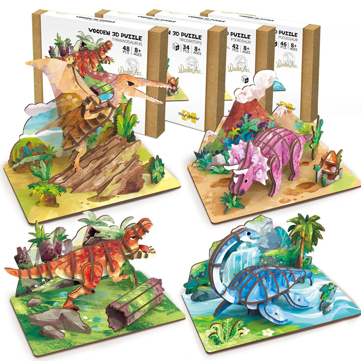 Esun 3D-Puzzle 3D Puzzle Holz Kinder 4er-Set, Dinosaurier-Spielzeug. Holzpu günstig online kaufen