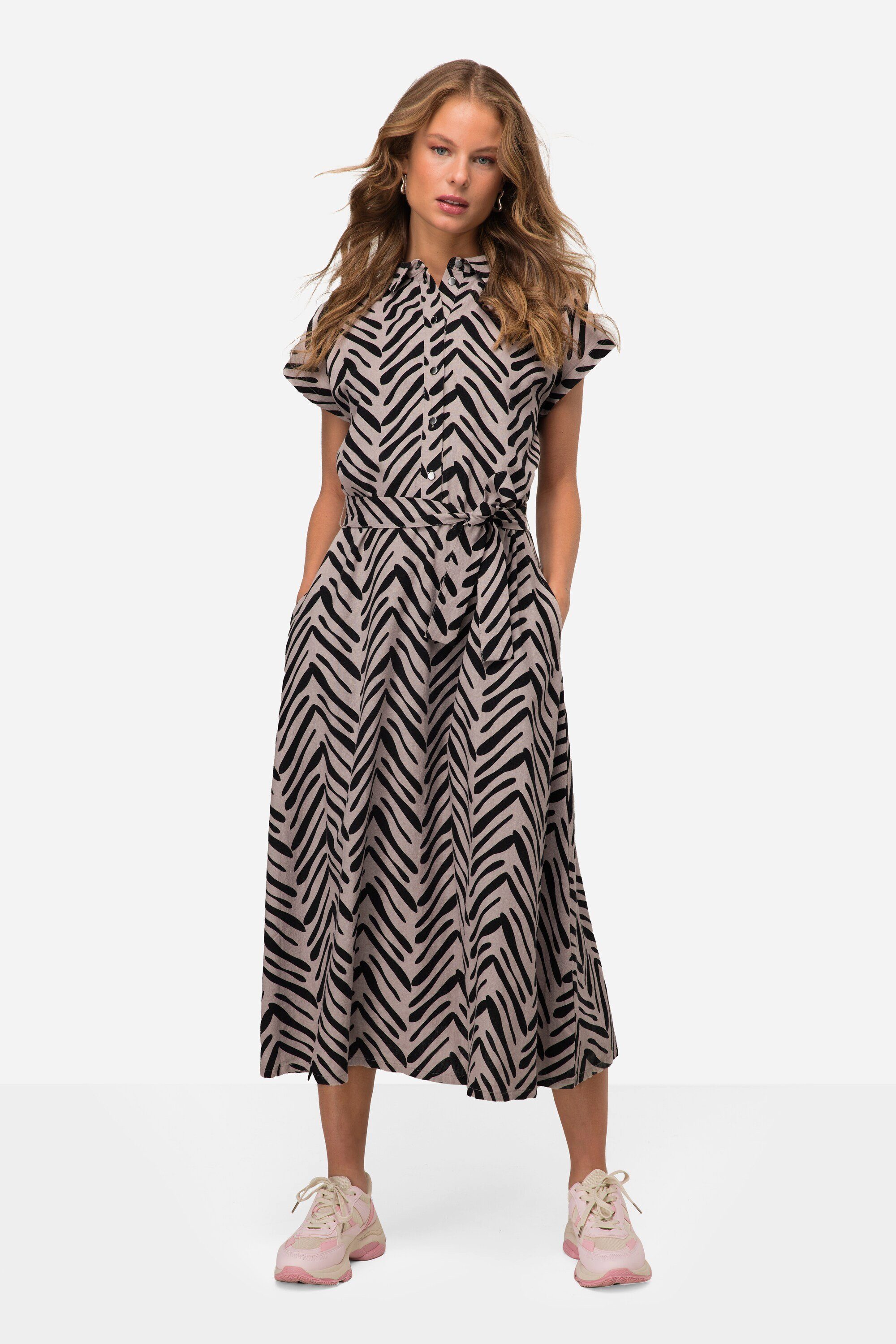 Laurasøn Sommerkleid Leinenmix-Kleid Zebra-Stil Print Hemdkragen