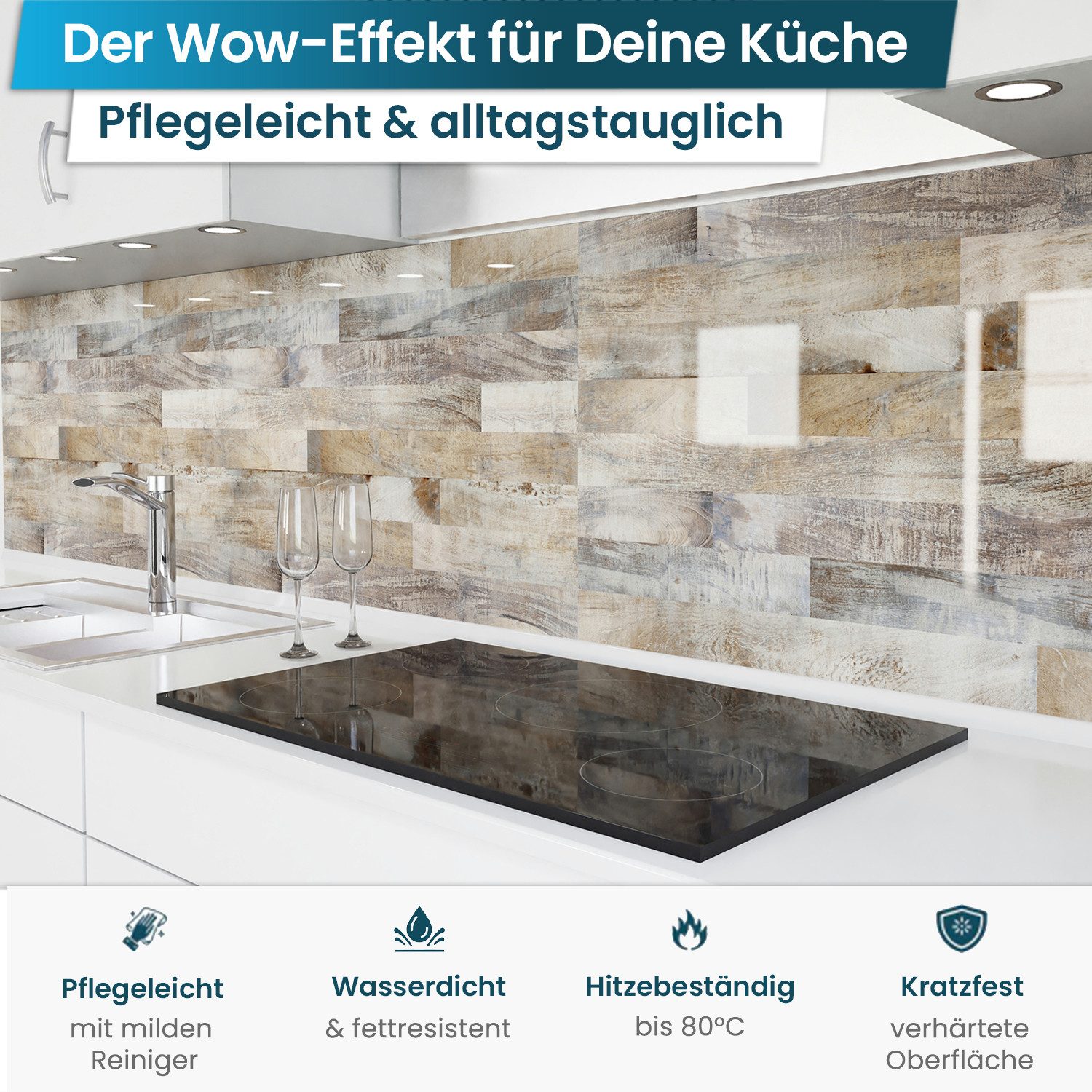 danario Küchenrückwand Folie selbstklebend, Glasoptik, Spritzschutz Küche, ablösbar - 0,8 mm