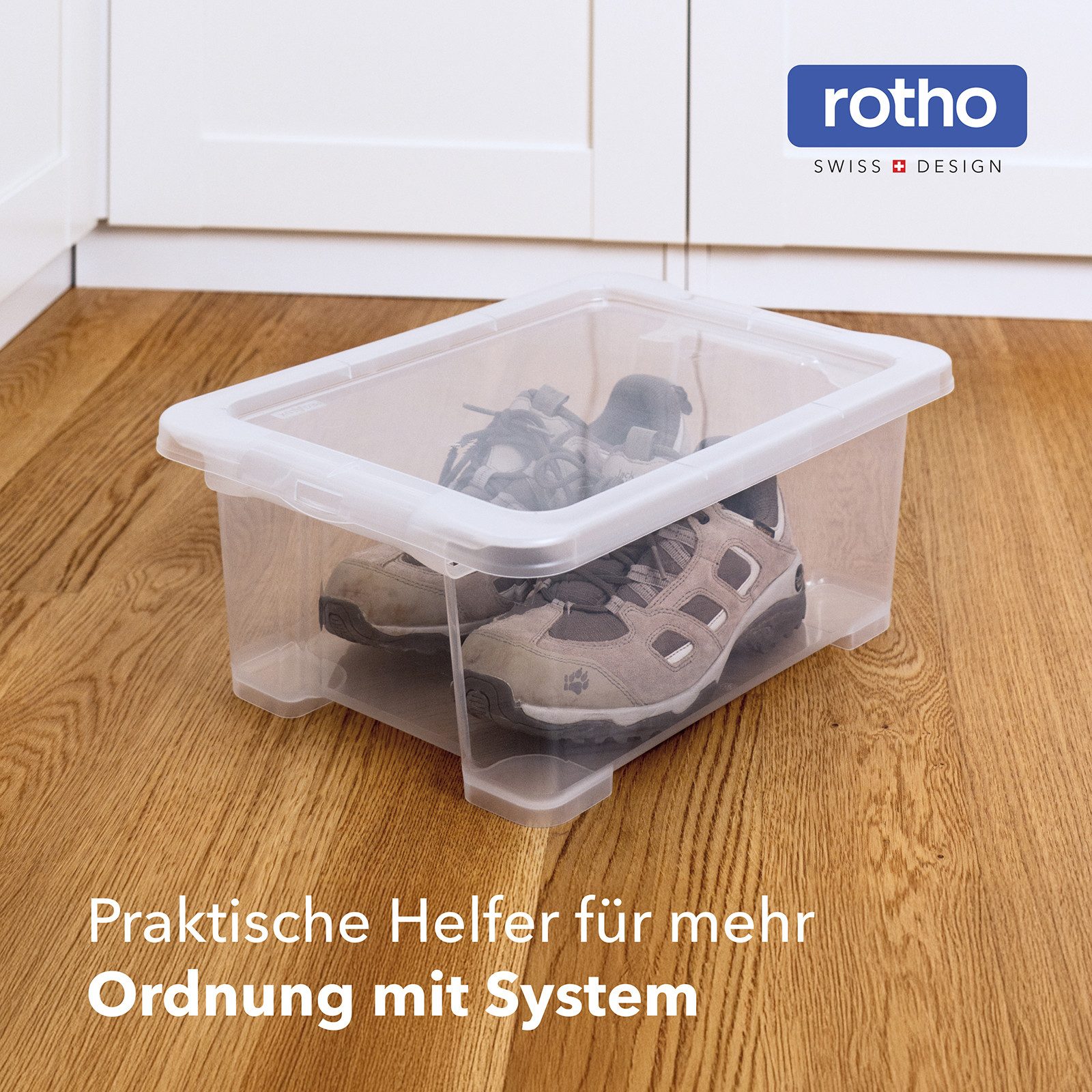 ROTHO Stapelbox 4er-Set CORE BASIC 11L stapelbar transparente Box mit Deckel (Sichtboxen-Set, 4er-Set), Sortierbox ideal für Büroartikel, Spielzeug und Zubehör