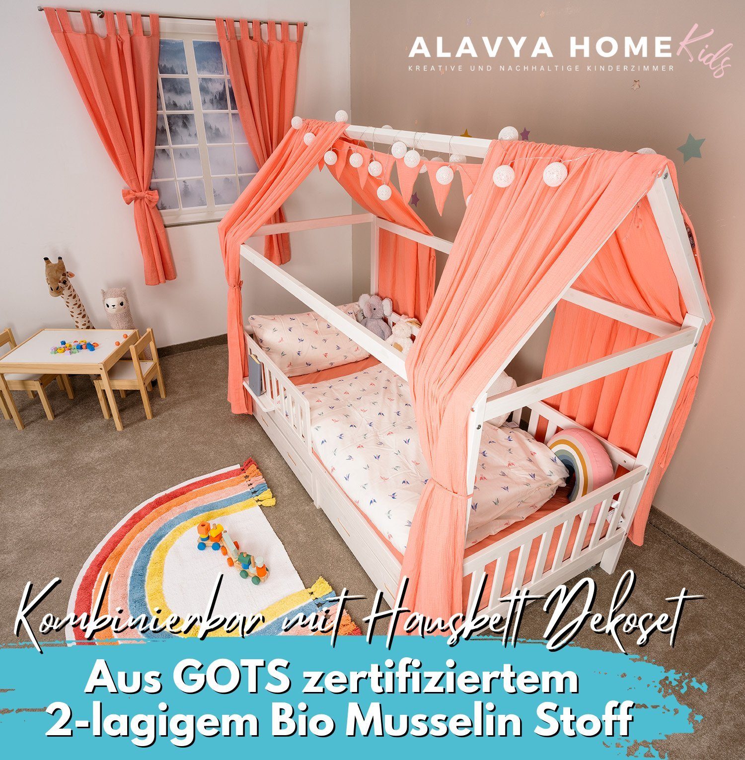 Vorhang Alice PREMIUM I cm Schlaufen Dekor niedlicher 150 100 Lichtschutz, Kurz Stück), (2 x Musselin mit Bio-Baumwolle, Alavya Vorhänge GOTS Wohnzimmer Schlaufenschal Home®, 100% 2er-Set Schleife Schlafzimmer zertifizierter Vorhänge für St), Schnäppchen-Kracher!, Rosa (2 Kinderzimmer