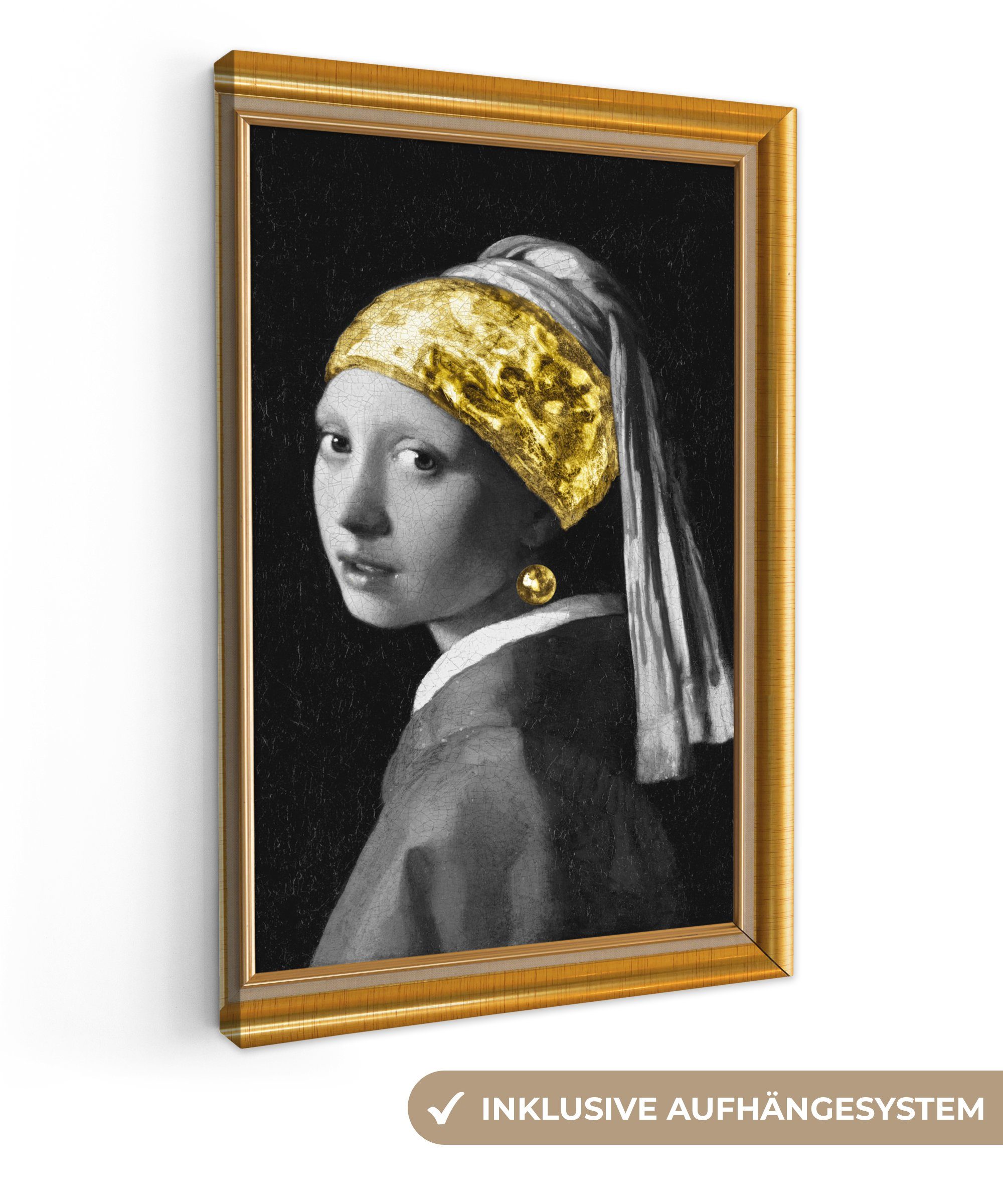 OneMillionCanvasses® Leinwandbild Mädchen mit Perlenohrring - Vermeer - Gold - Rahmen, (1 St), Leinwandbild fertig bespannt inkl. Zackenaufhänger, Gemälde, 20x30 cm