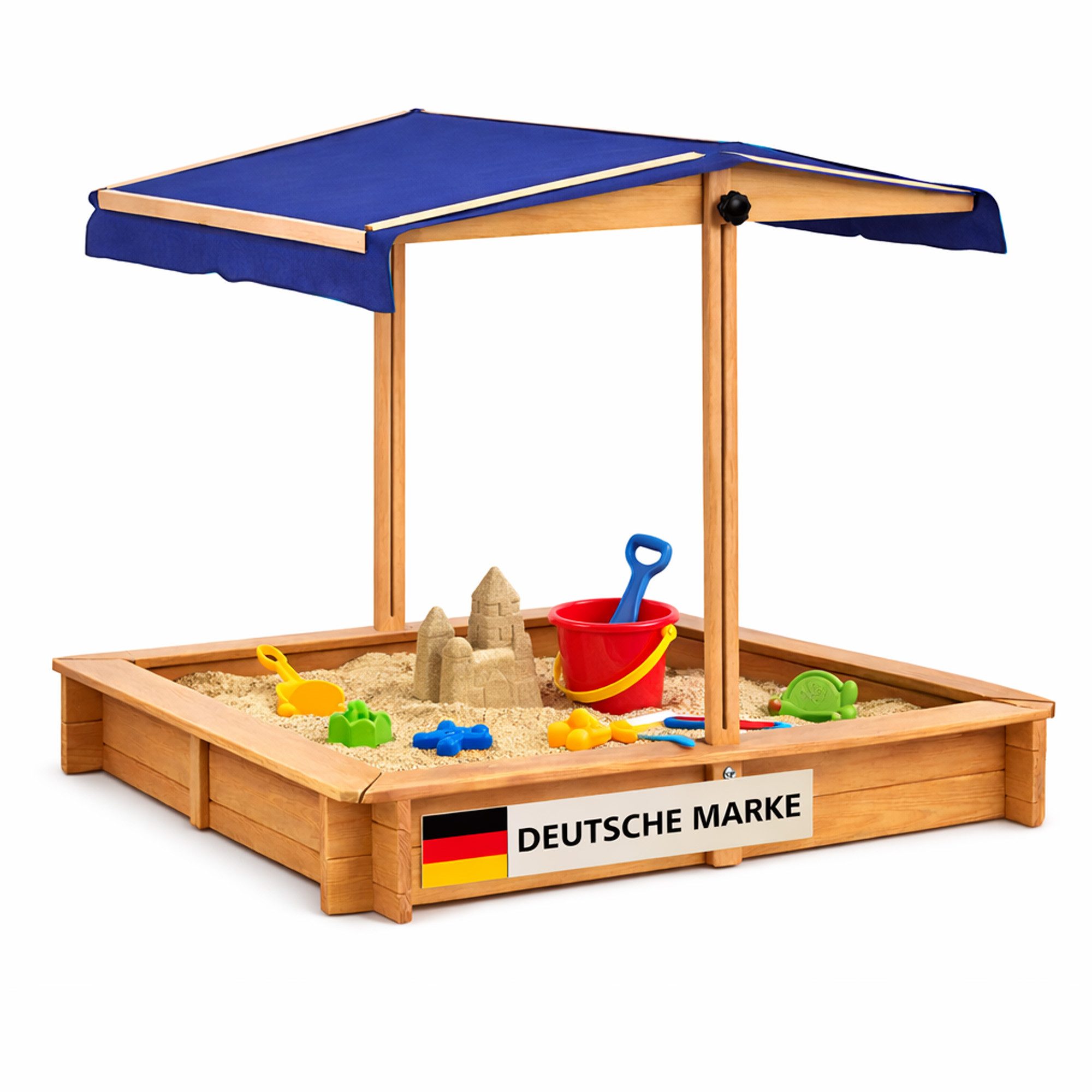 Bestlivings Sandkasten aus Tannenholz, (98x98x17 cm), Sitzumrandung, höhenverstellbares Dach mit Abdeckfunktion, robust